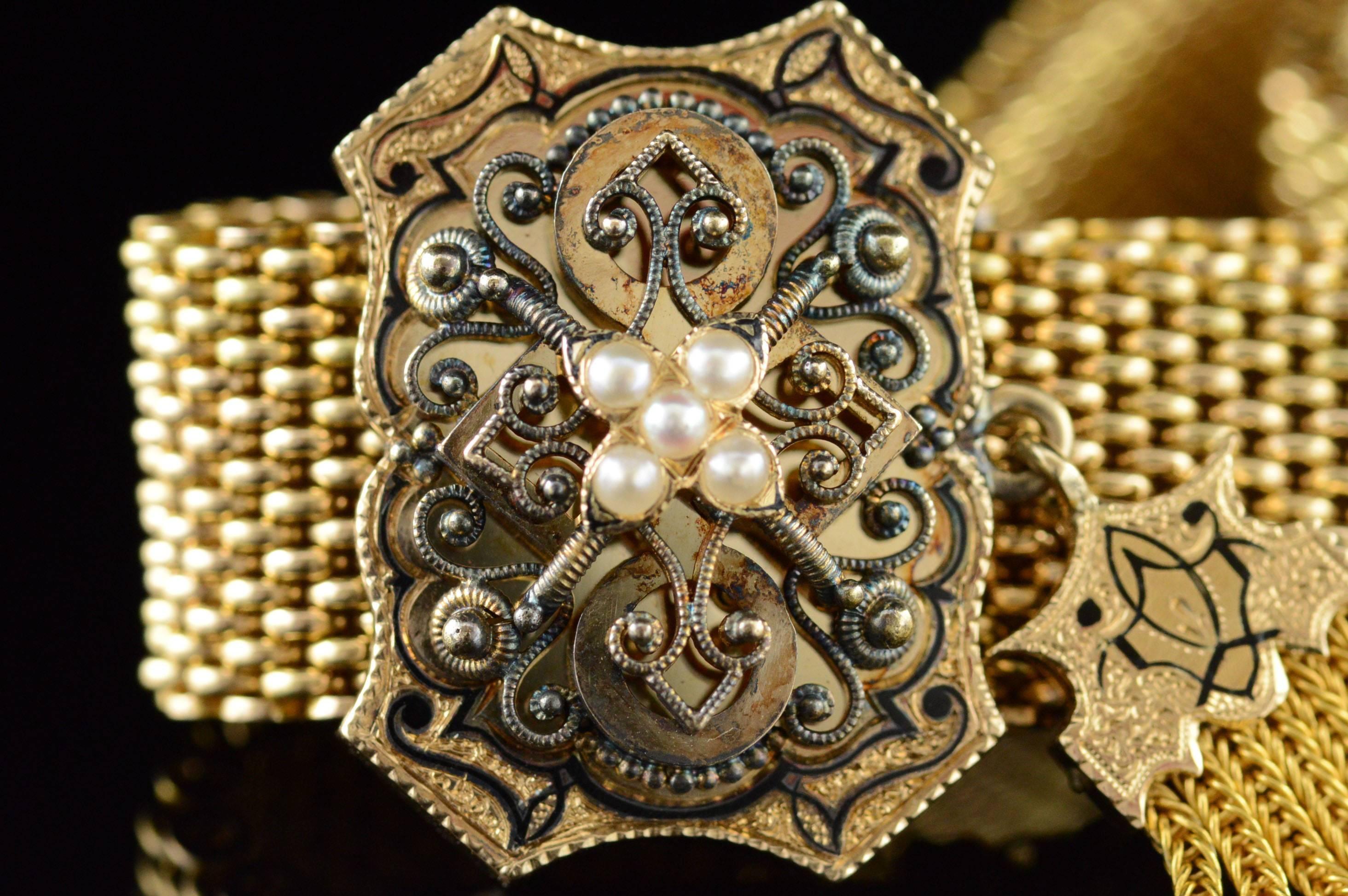 High Victorian Black Enamel Victorian Mourning Gold Bracelet