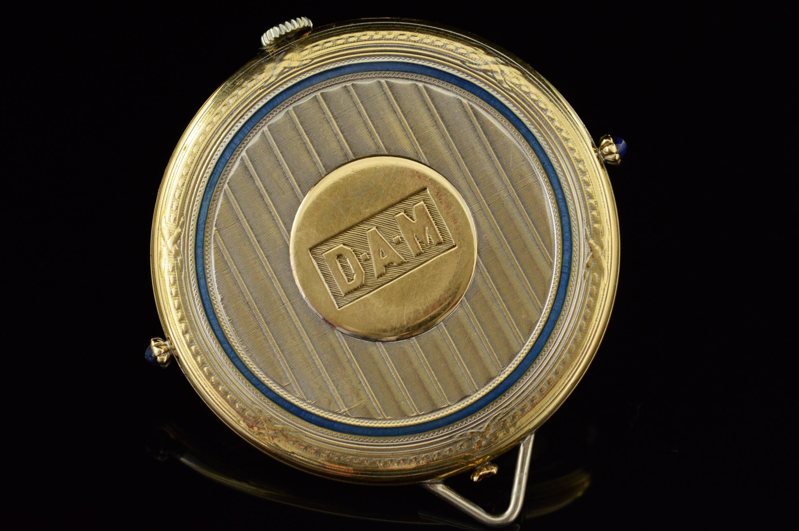 1920s Ralph Dewey Blue Enamel Gold Pocket Watch 2