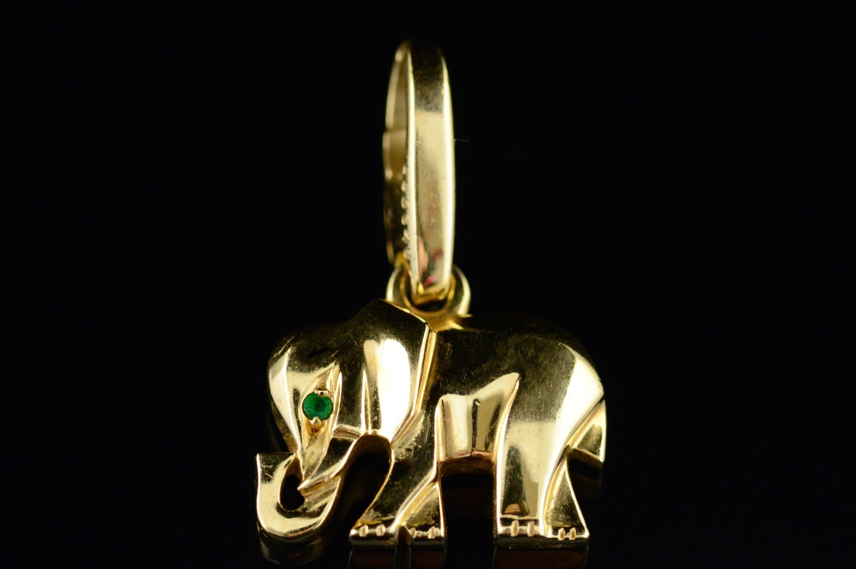 All diamonds are graded according to GIA grading standards. (When applicable)

·Item: 18K 1970's Cartier Emerald Eye Elephant Pendant Yellow Gold

·Era: 1970s

·Composition: 18k Gold Marked / Tested

·Condition: Estate: Good

·Weight: 3.2g