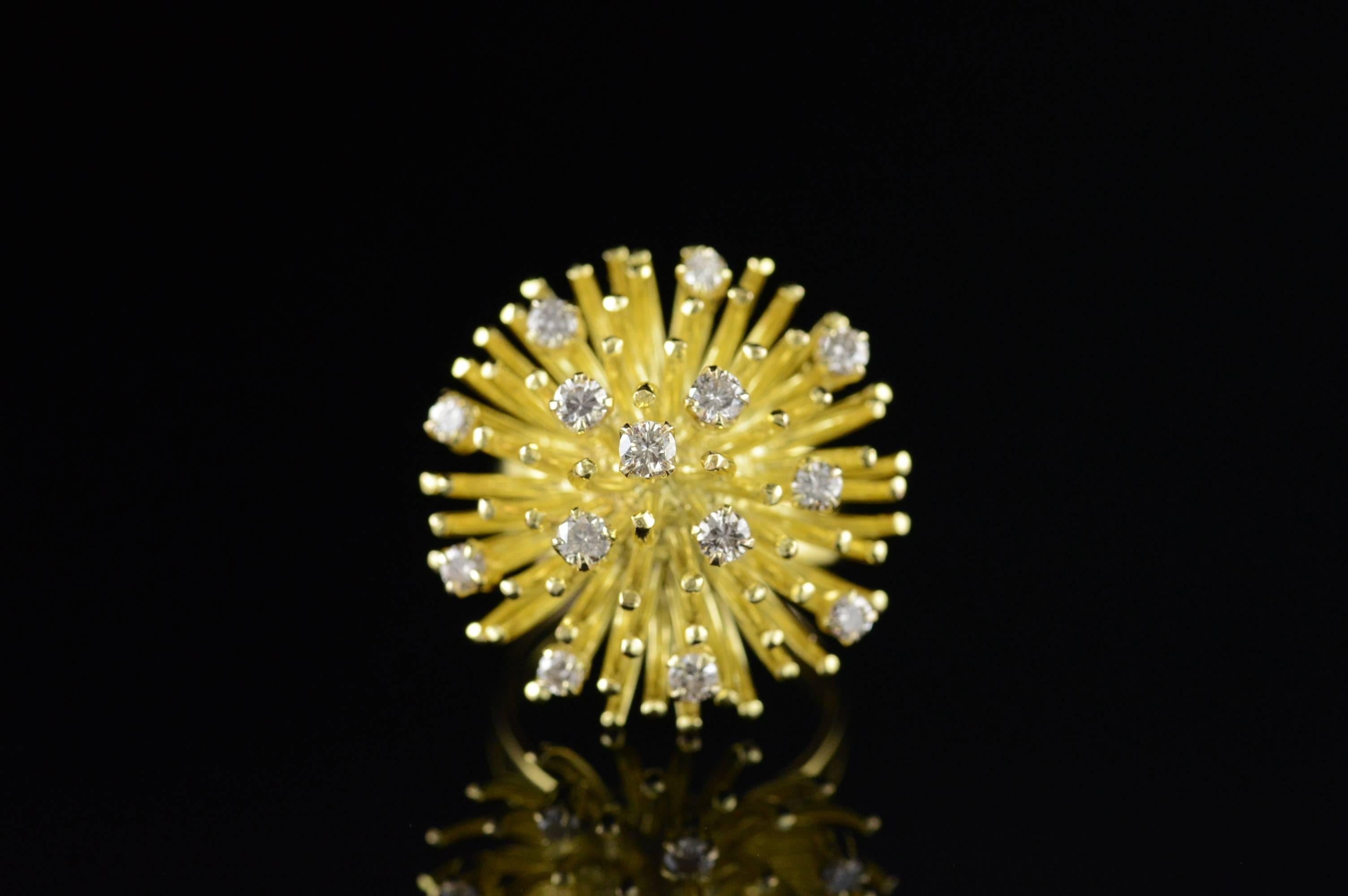 All diamonds are graded according to GIA grading standards.

·Item: 14K 0.75 Ctw Diamond Star Burst Designer Ring Size 7 Yellow Gold

·Era: Modern / 2000s

·Composition: 14k Gold Marked/Tested

·Gem Stone: 14x Diamonds=0.75Ctw