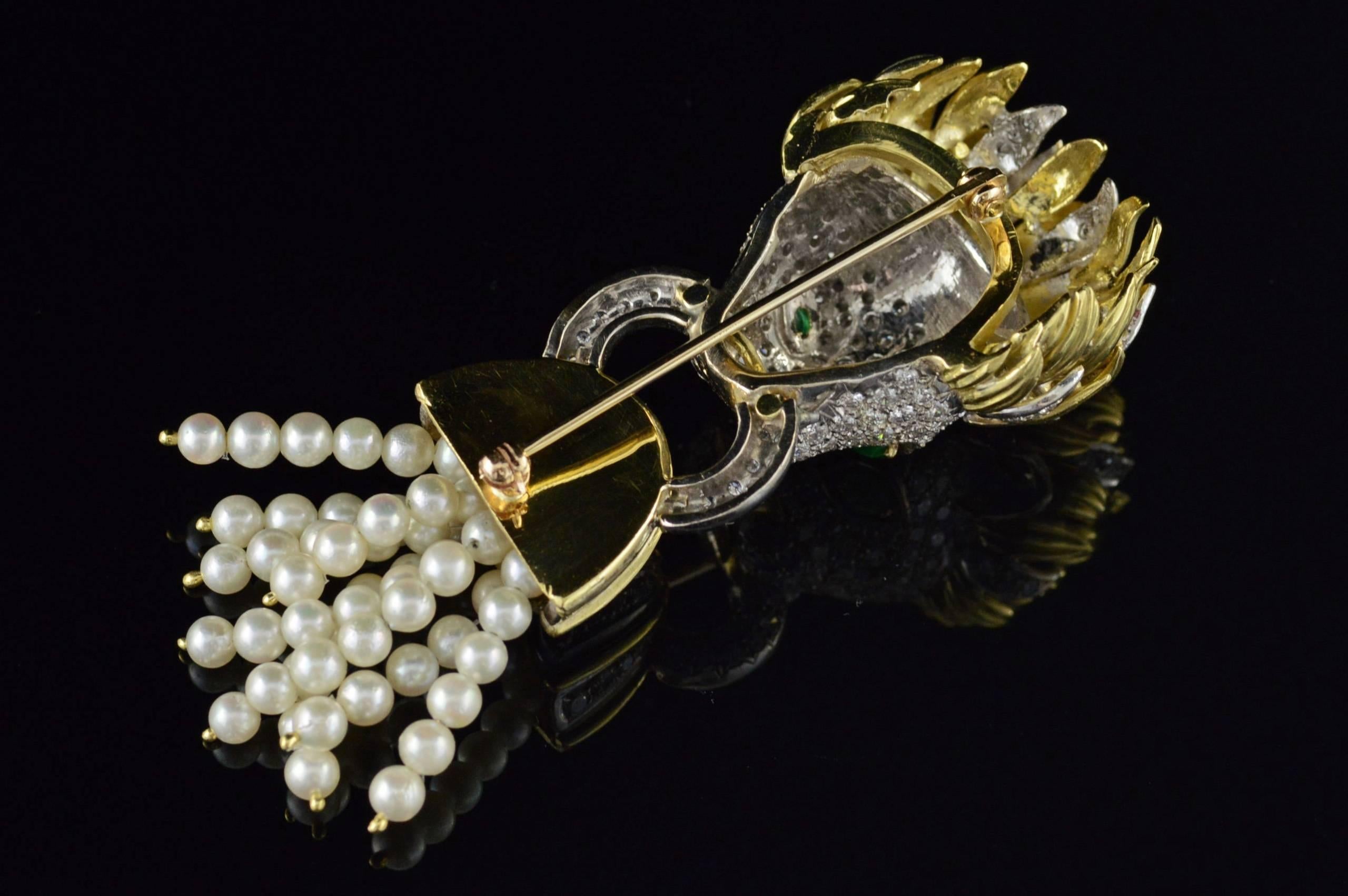Pearl Emerald Diamond Pave Gold Lion Head Brooch 3