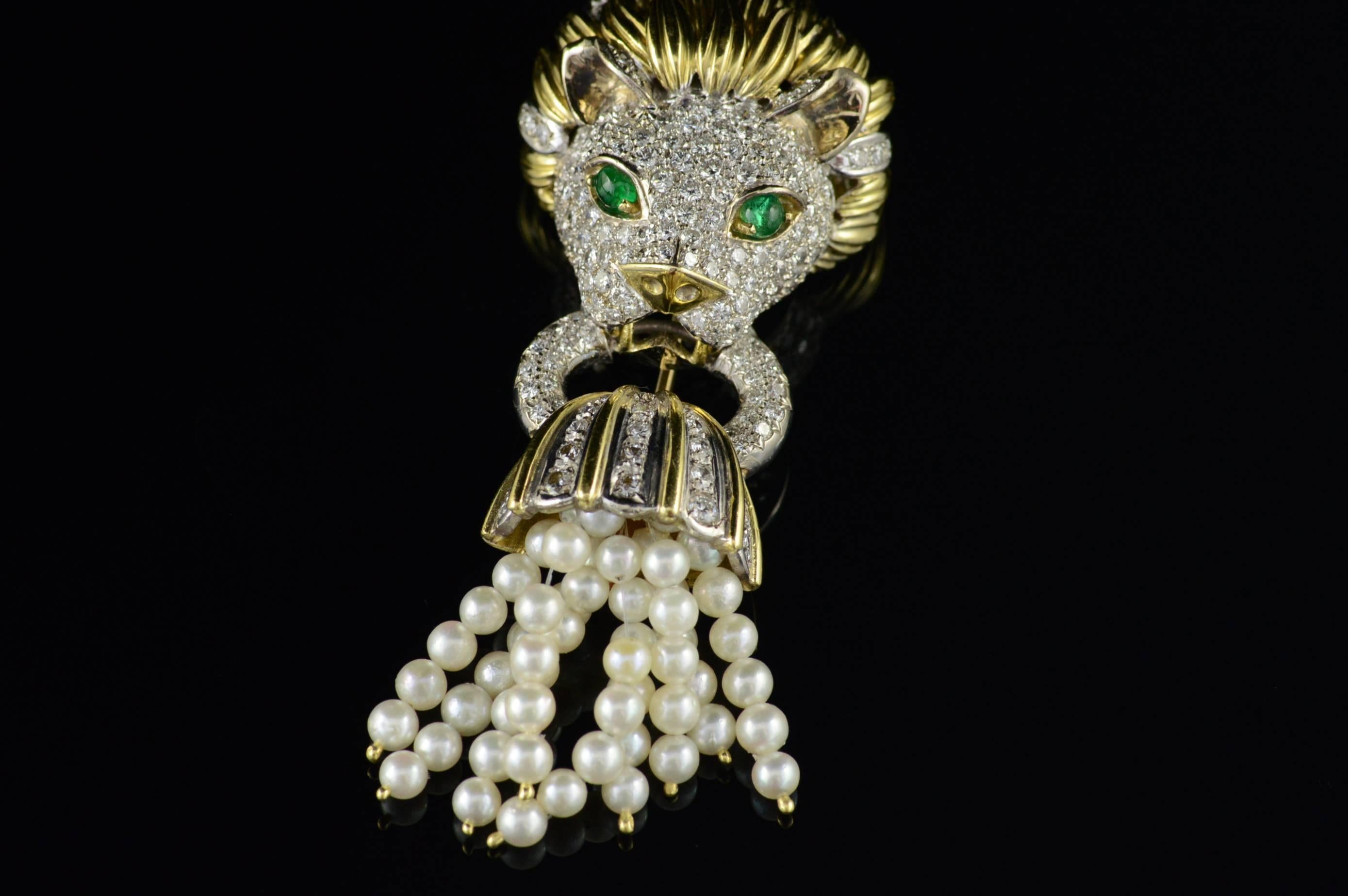 Pearl Emerald Diamond Pave Gold Lion Head Brooch 4