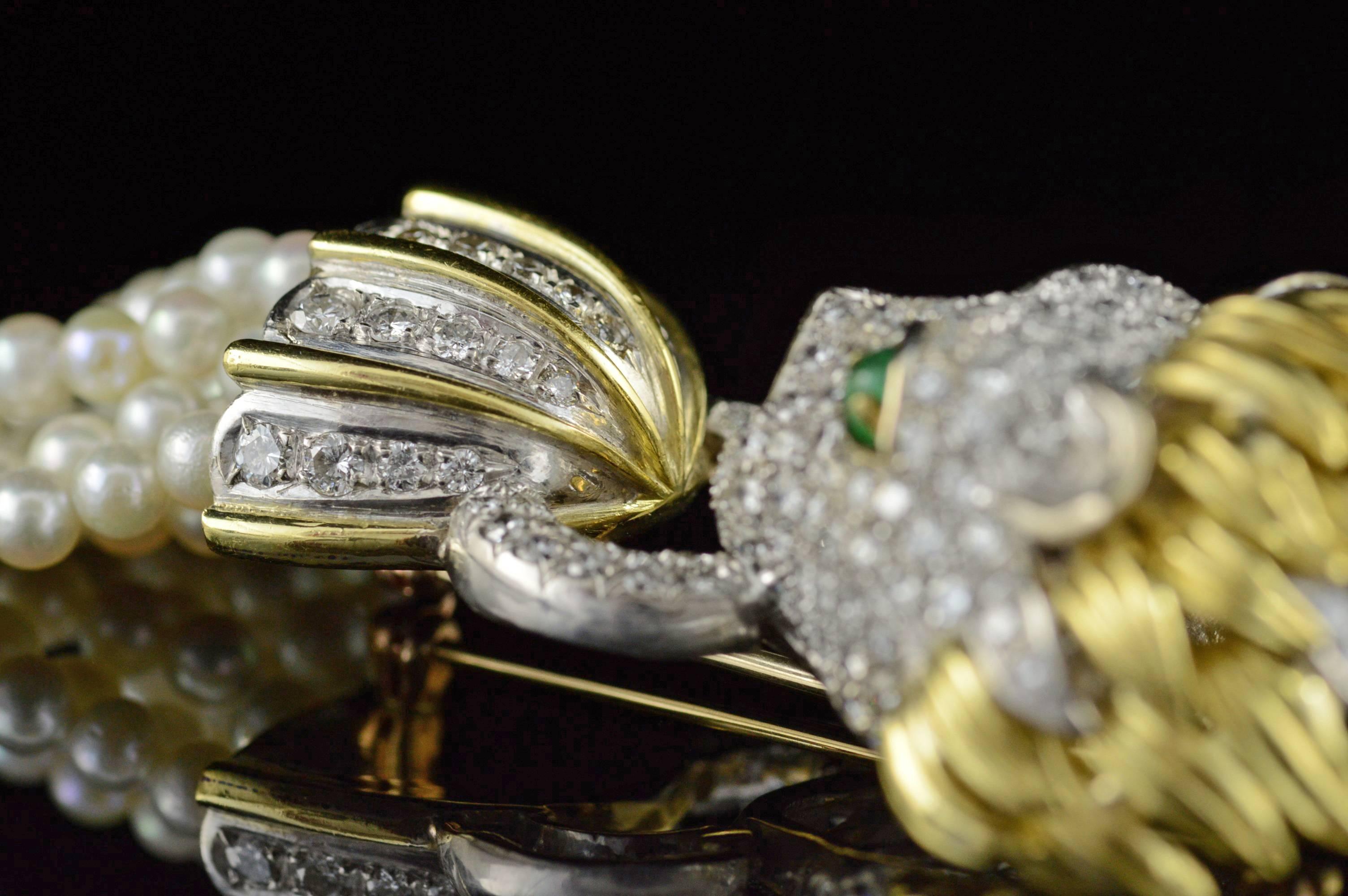 Pearl Emerald Diamond Pave Gold Lion Head Brooch 1