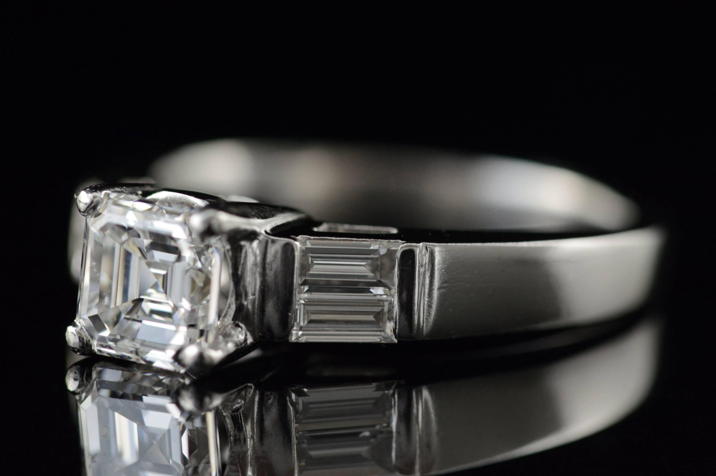 All diamonds are graded according to GIA grading standards.

·Item: Platinum GIA 1.02 Ascher E Color VS1 1.52 Ctw Emerald Cut Accent Diamond Engagement Ring Size 5.5

·Era: Modern / 2000s

·Composition: Platinum Marked/Tested

·Gem Stone: