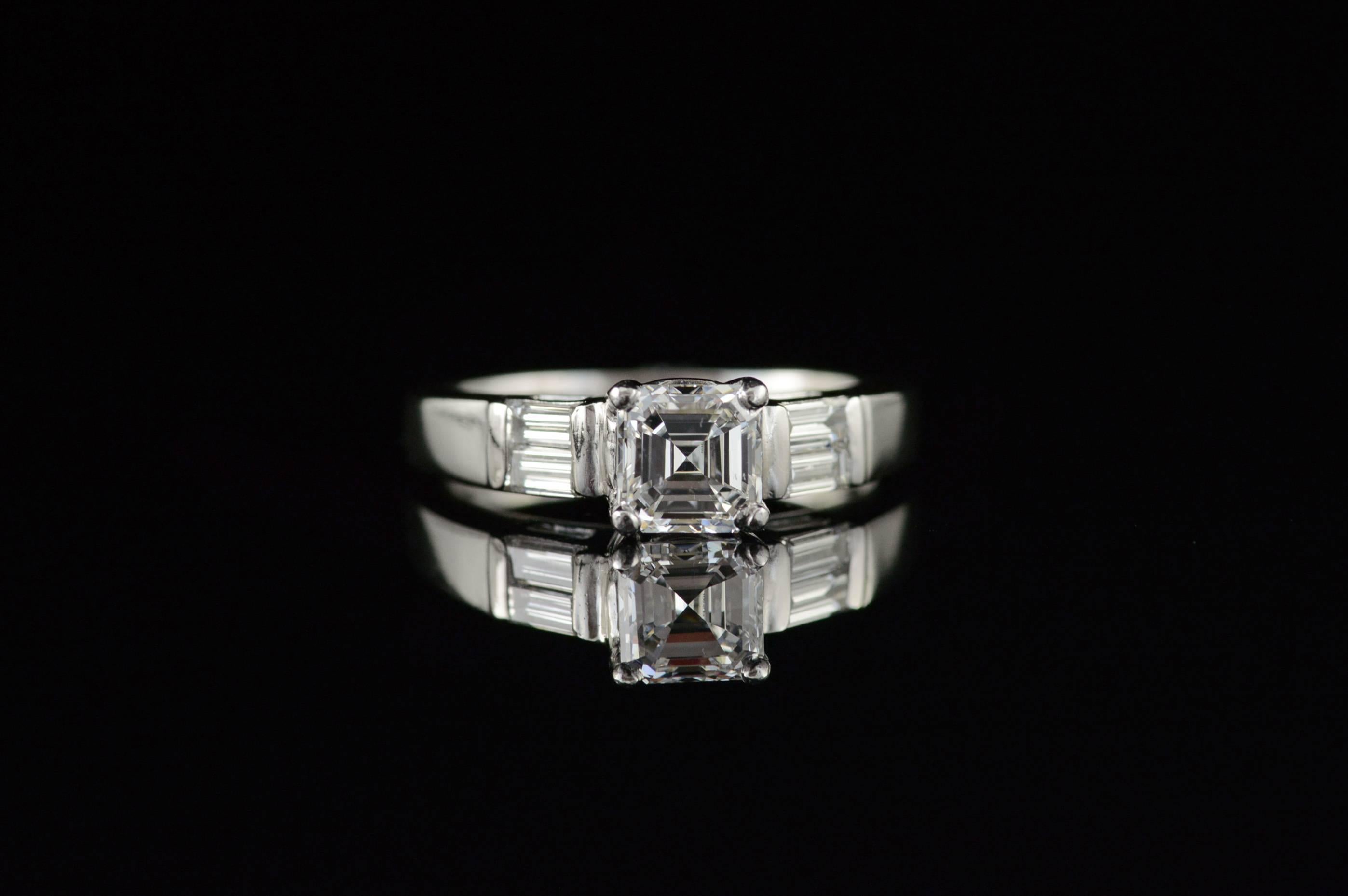 1.02 Carat GIA Certified Asscher Diamond Platinum Engagement Ring In Excellent Condition In Frederick, MD