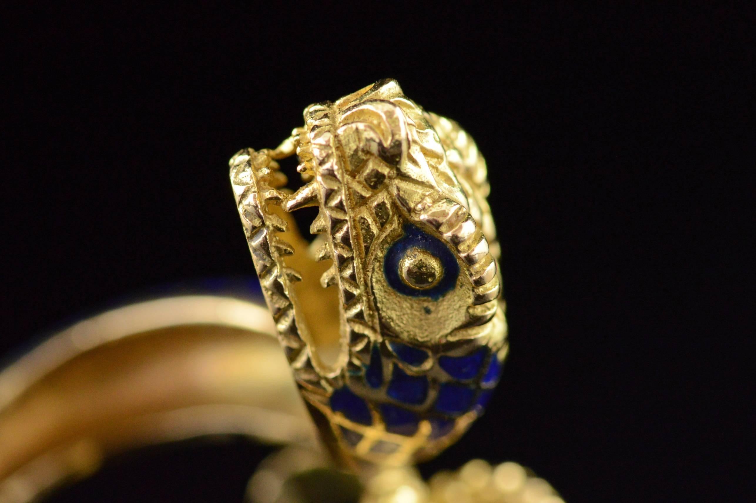 Women's or Men's Detailed Blue and Green Enamel Gold Snake Ring