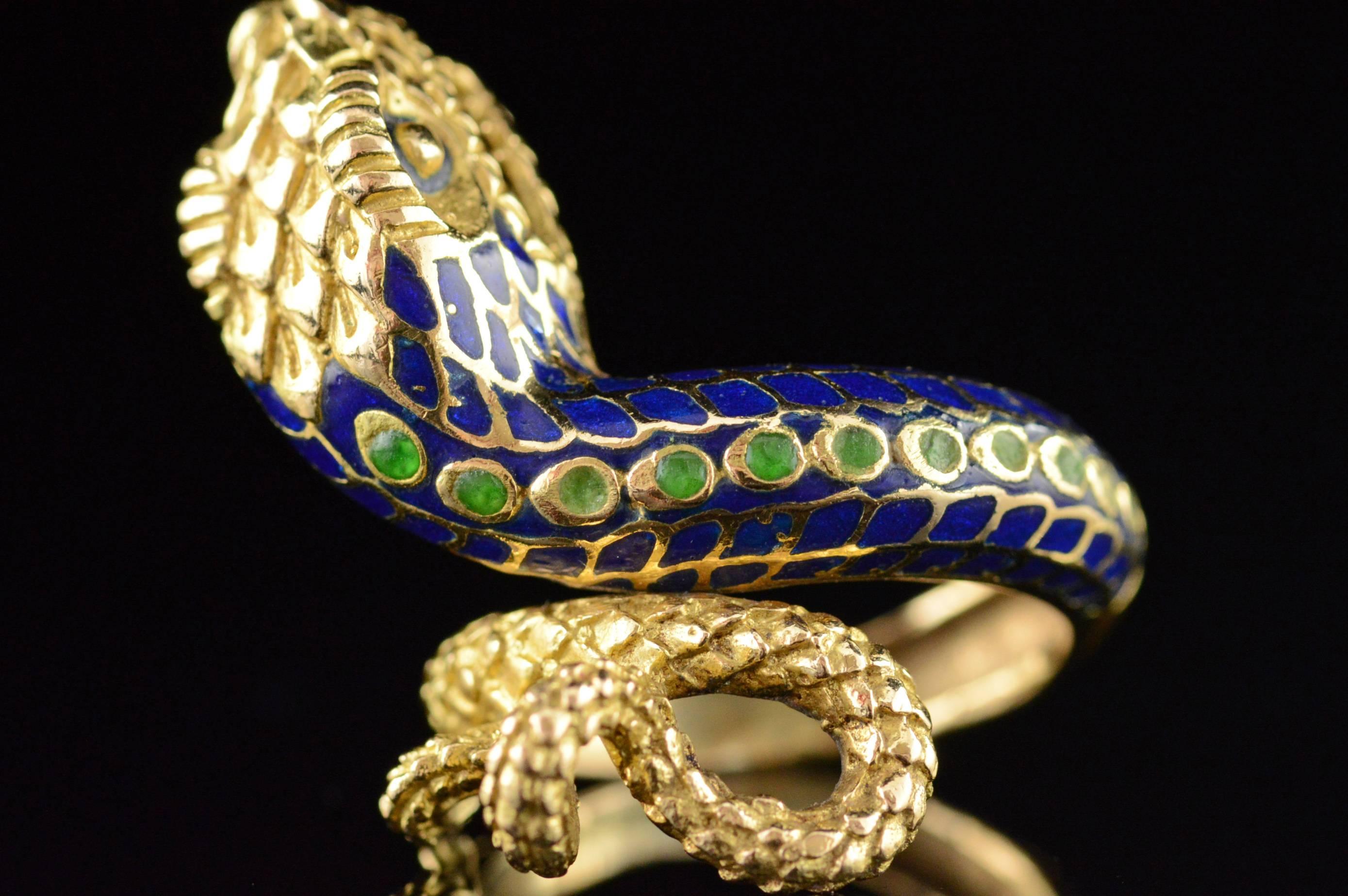 Detailed Blue and Green Enamel Gold Snake Ring 2