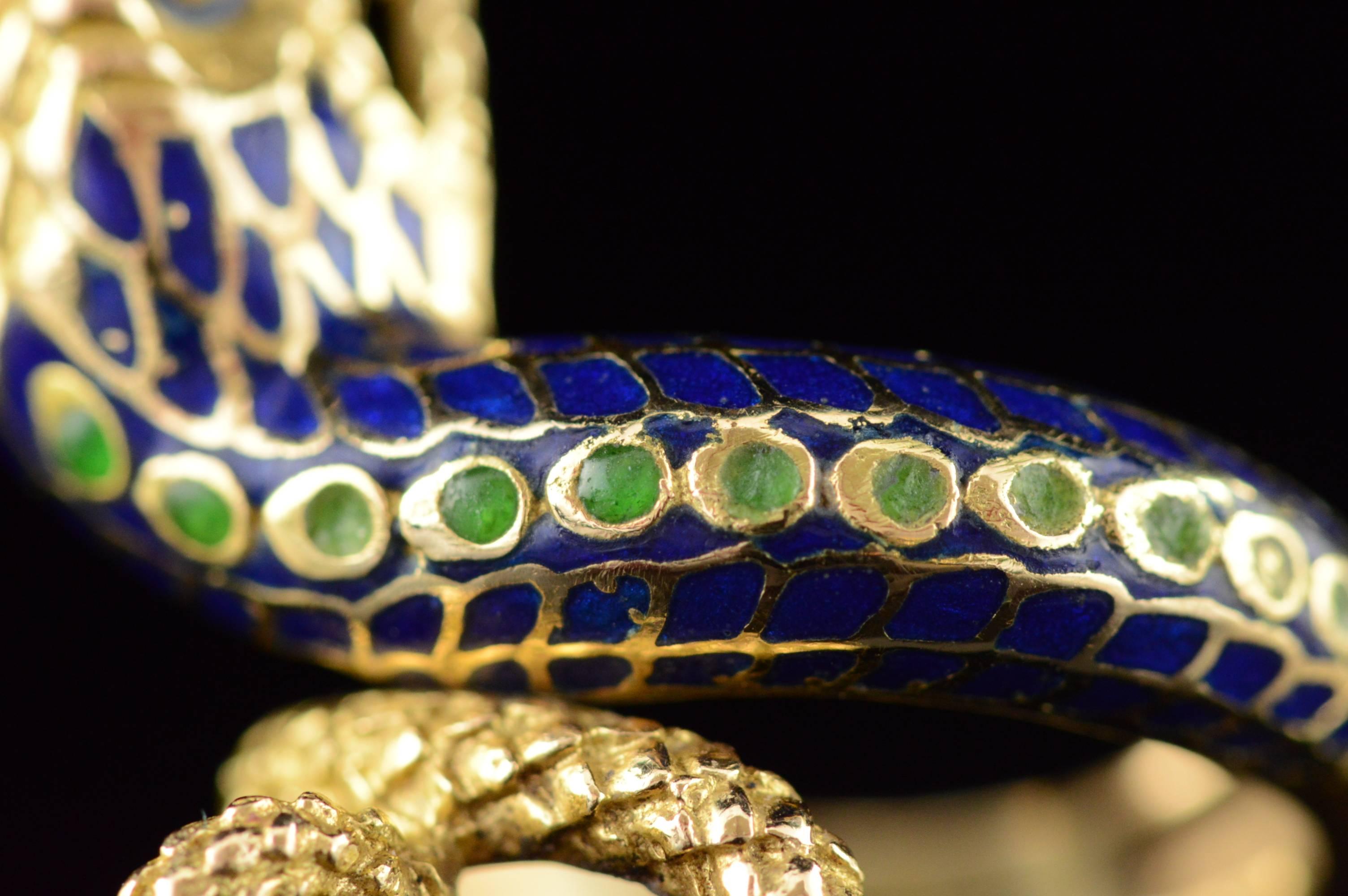 Detailed Blue and Green Enamel Gold Snake Ring 3