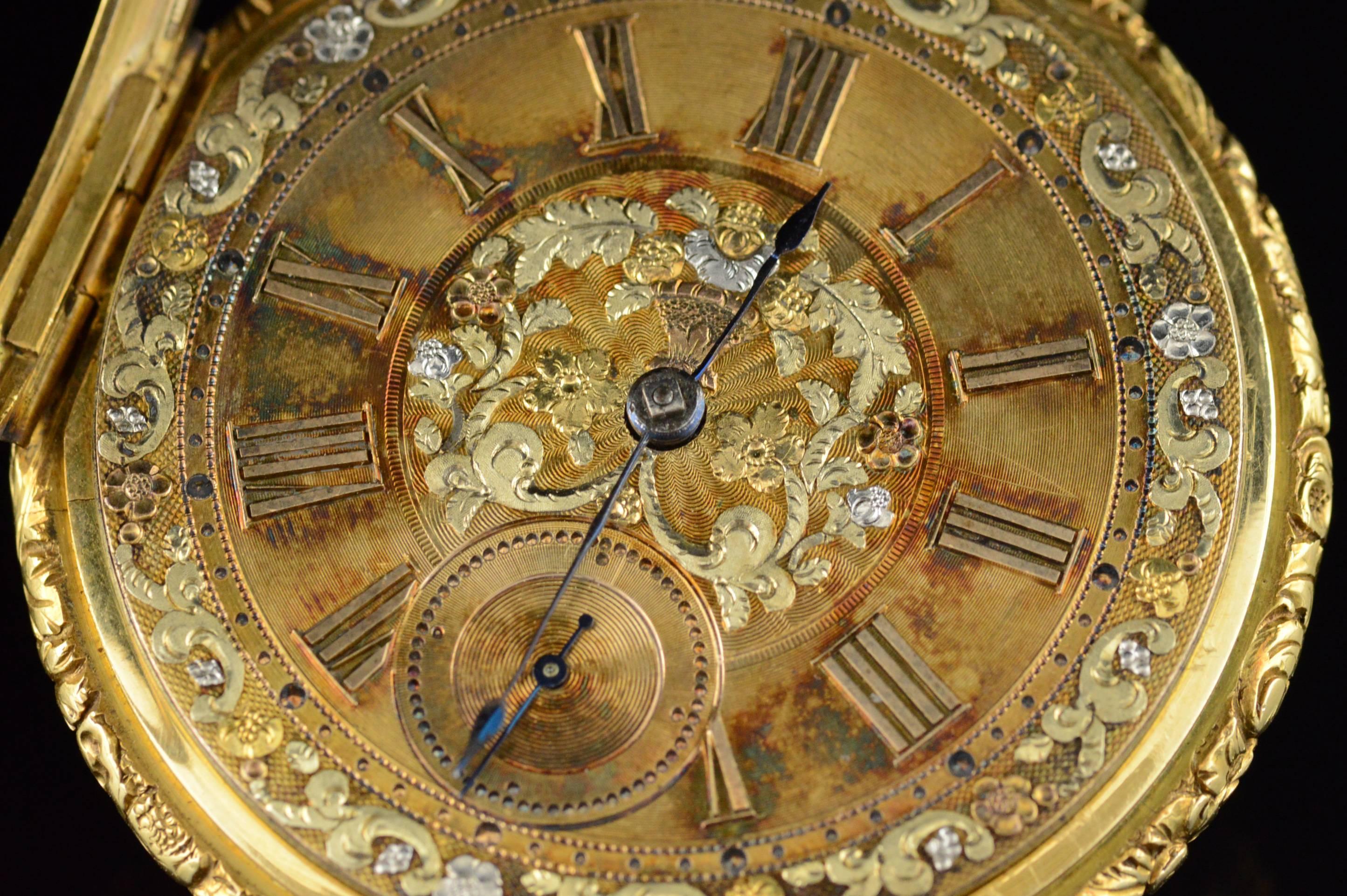 ·Item: Antique F. Samuel Fusee Ornate Tri-Color Dial Key Wind Pocket Watch

·Composition: 18k Gold Marked / Tested

·Condition: Watch is not running. Case is worn. Crystal missing.
