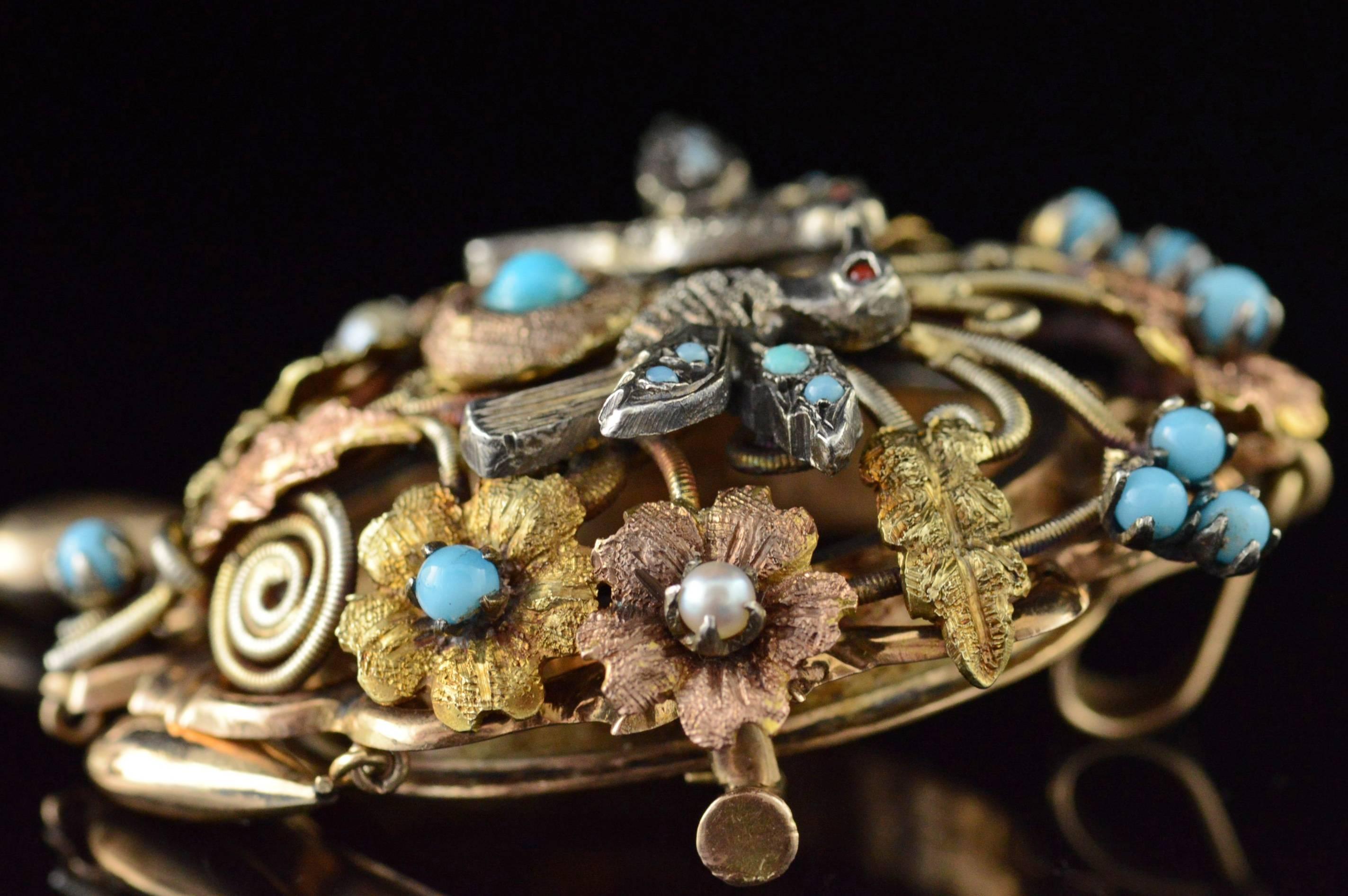 Victorian Seed Pearl Turquoise Floral and Bird Motif Gold Brooch and Pendant For Sale 2
