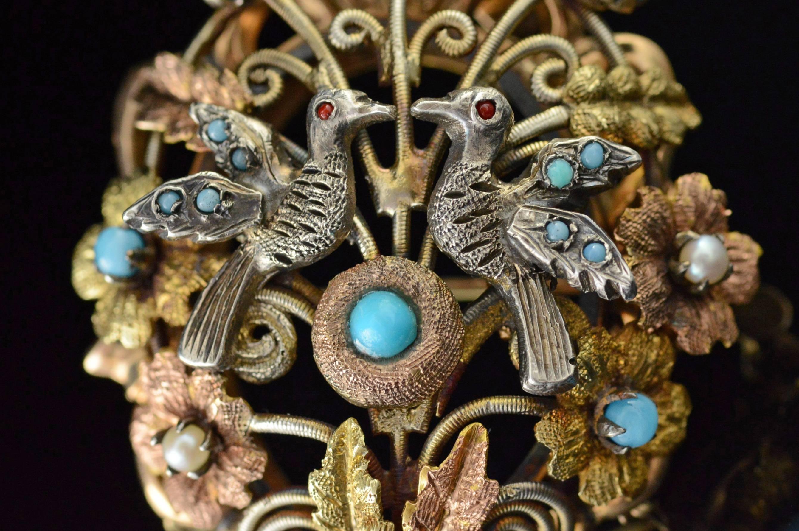 Victorian Seed Pearl Turquoise Floral and Bird Motif Gold Brooch and Pendant In Excellent Condition For Sale In Frederick, MD