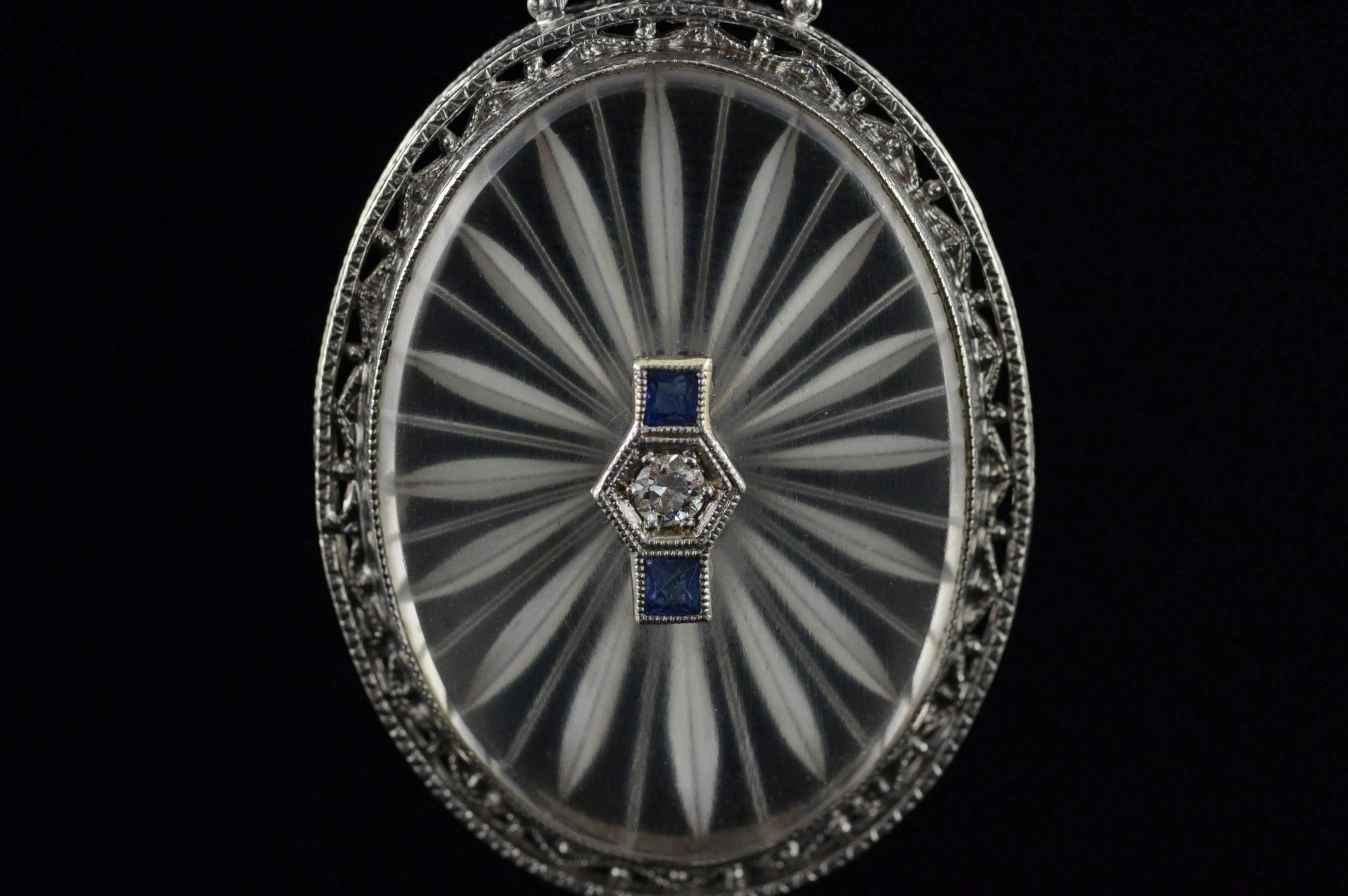 Women's or Men's 1930s Art Deco Sapphire Diamond Gold Filigree Necklace