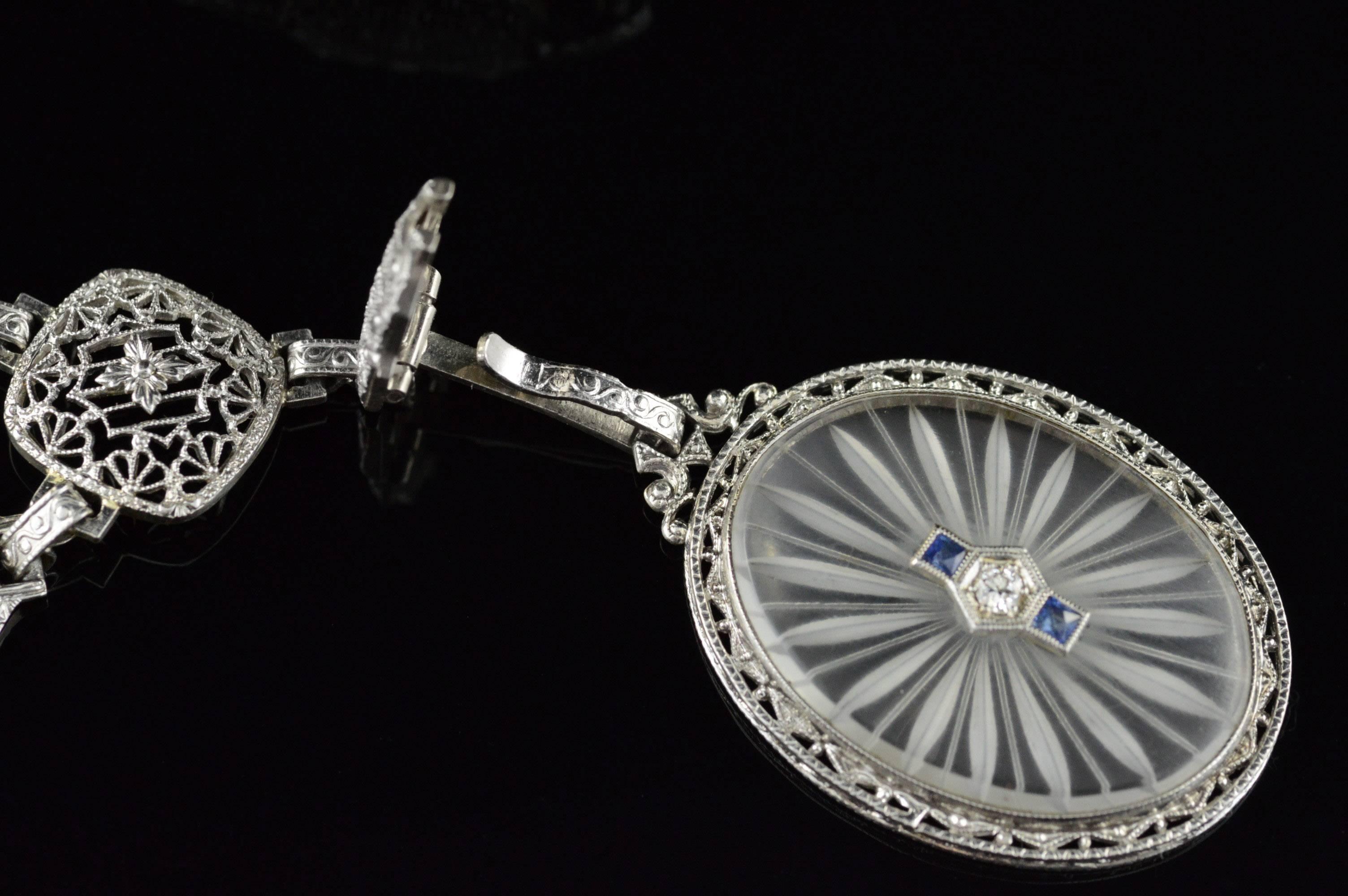 1930s Art Deco Sapphire Diamond Gold Filigree Necklace 1
