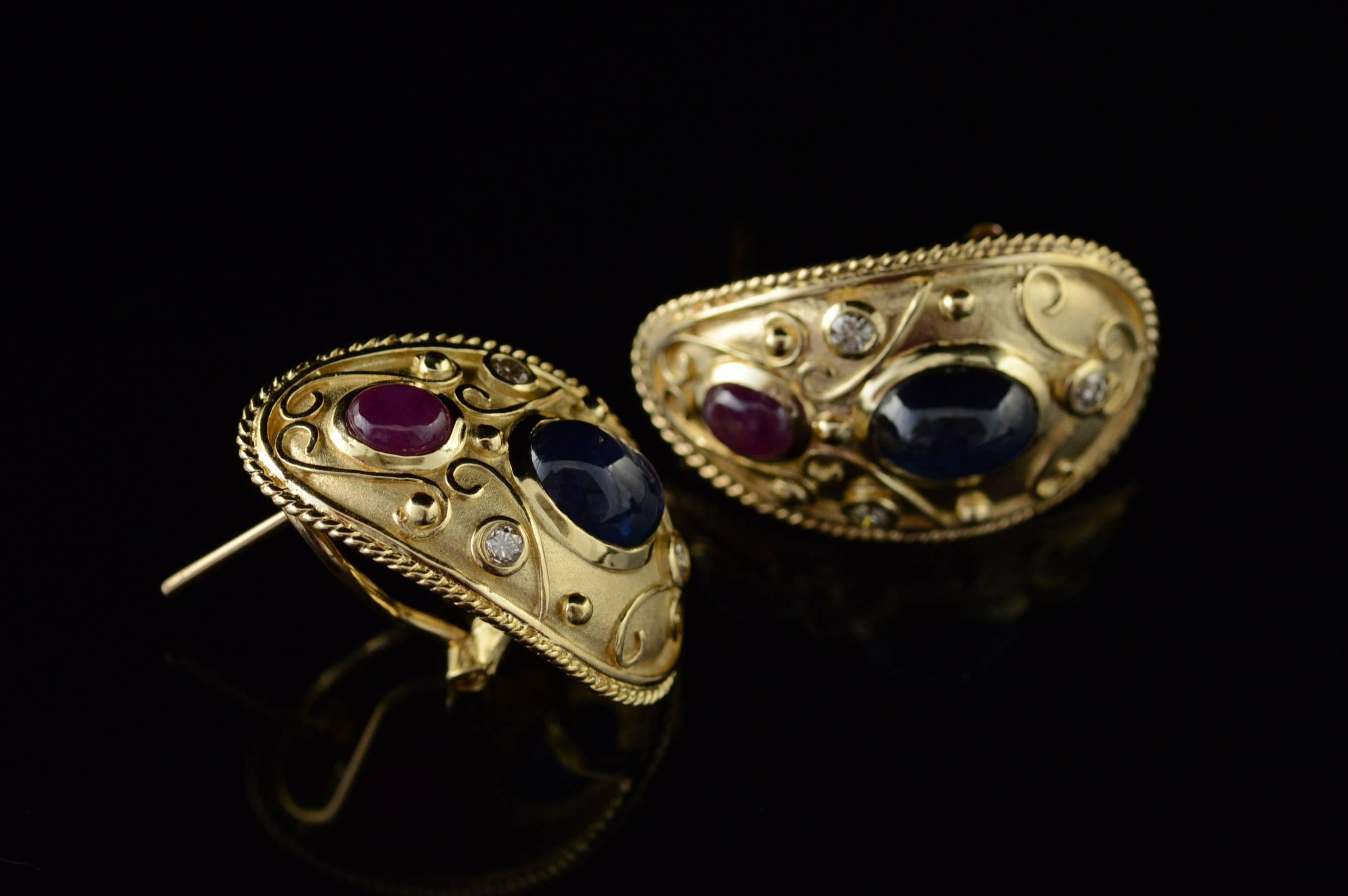 2.60 Carat Total Weight Sapphire Ruby Diamond Gold French Clip Earrings  2