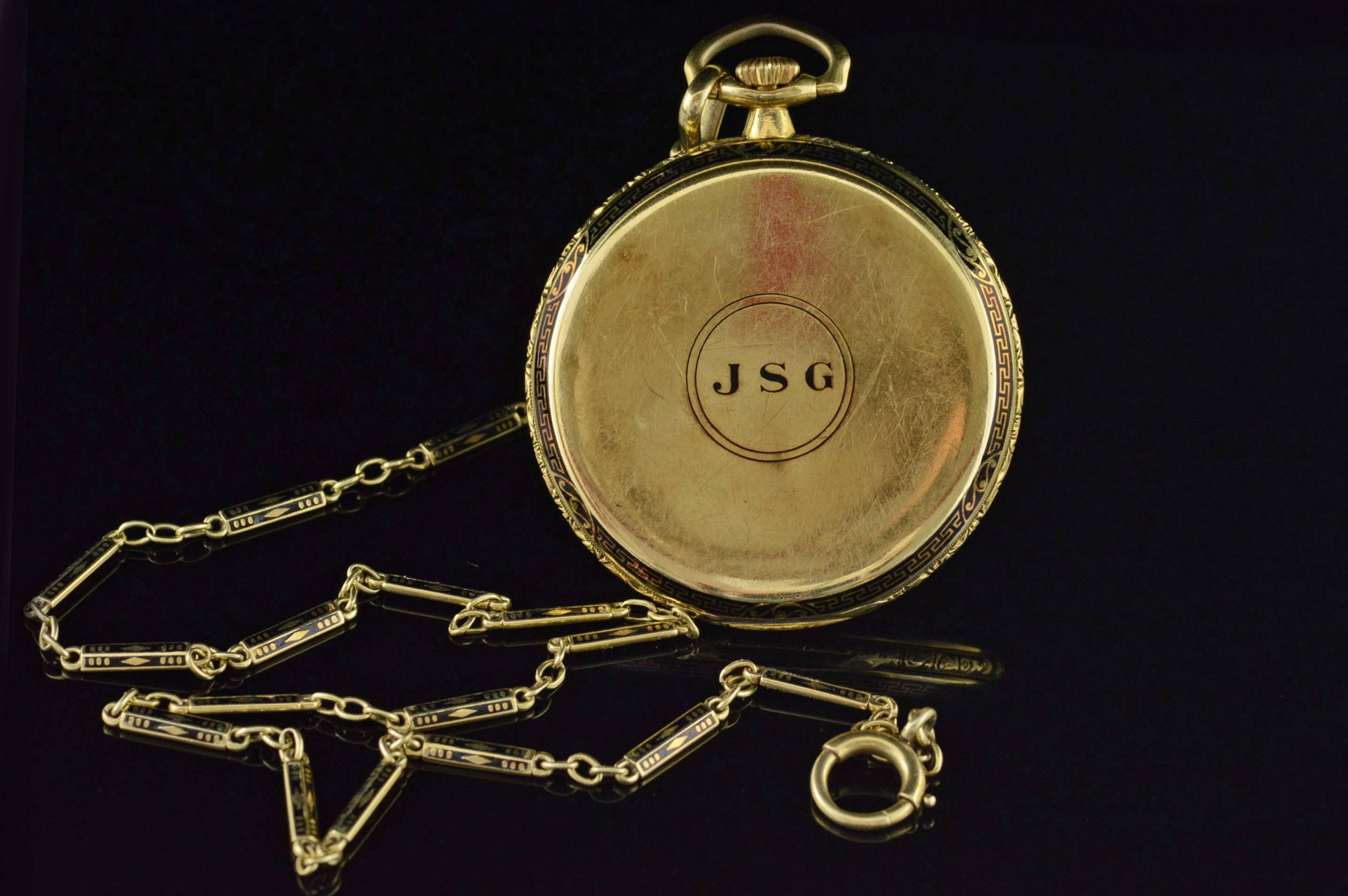 Vacheron & Constantin Yellow Gold Black Enamel Pocket Watch and Watch Chain In Excellent Condition In Frederick, MD