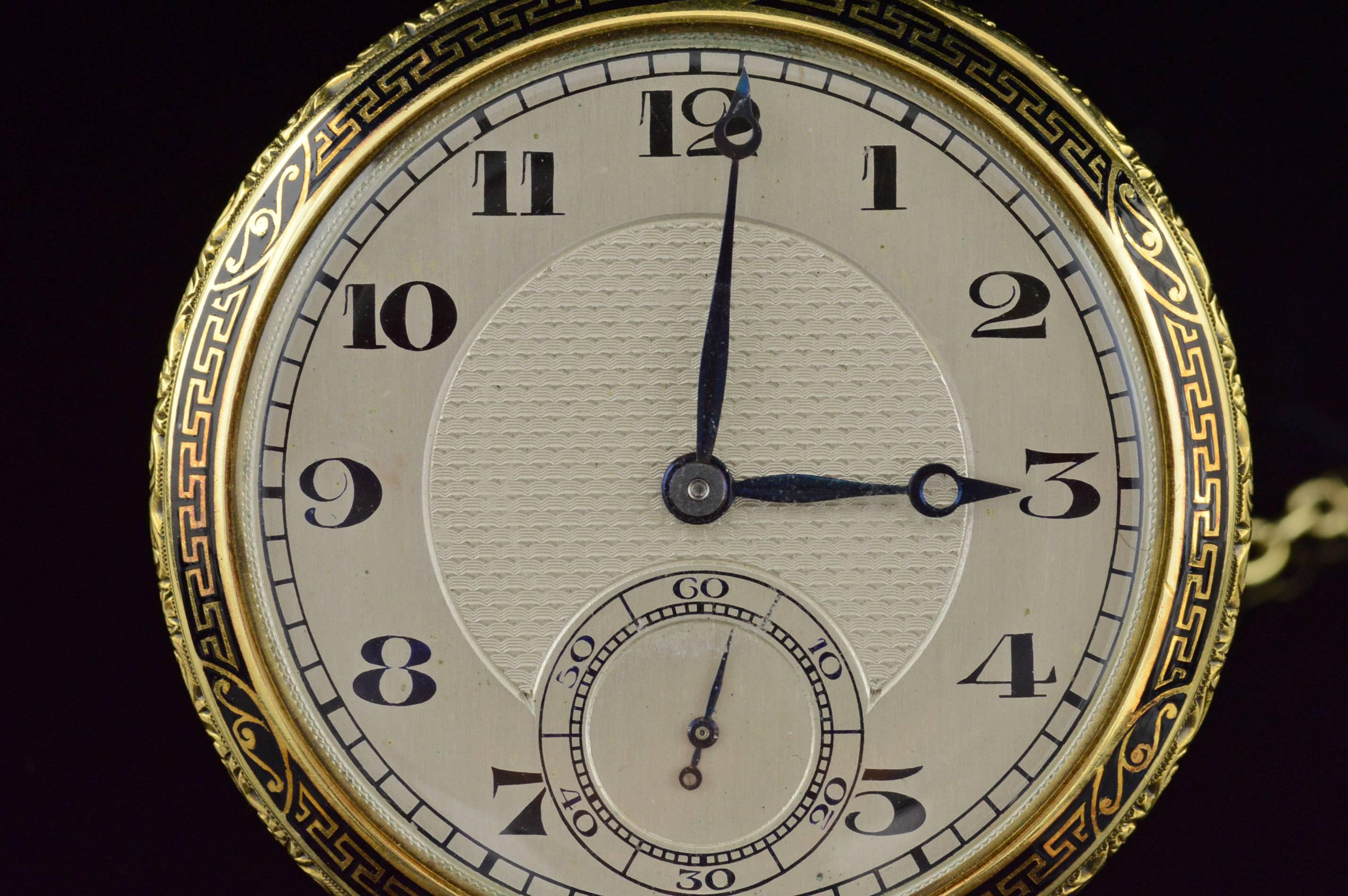 Art Deco Vacheron & Constantin Yellow Gold Black Enamel Pocket Watch and Watch Chain