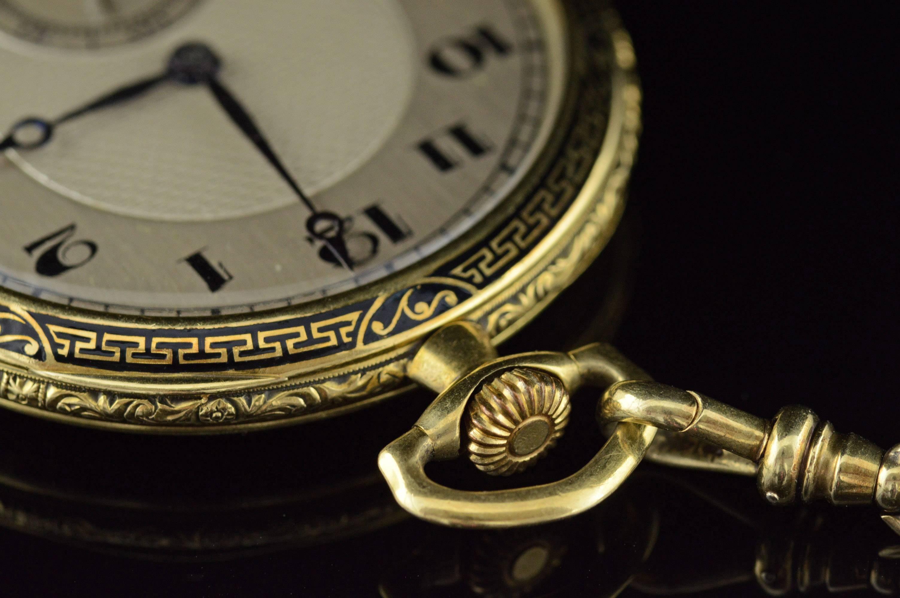 Women's or Men's Vacheron & Constantin Yellow Gold Black Enamel Pocket Watch and Watch Chain