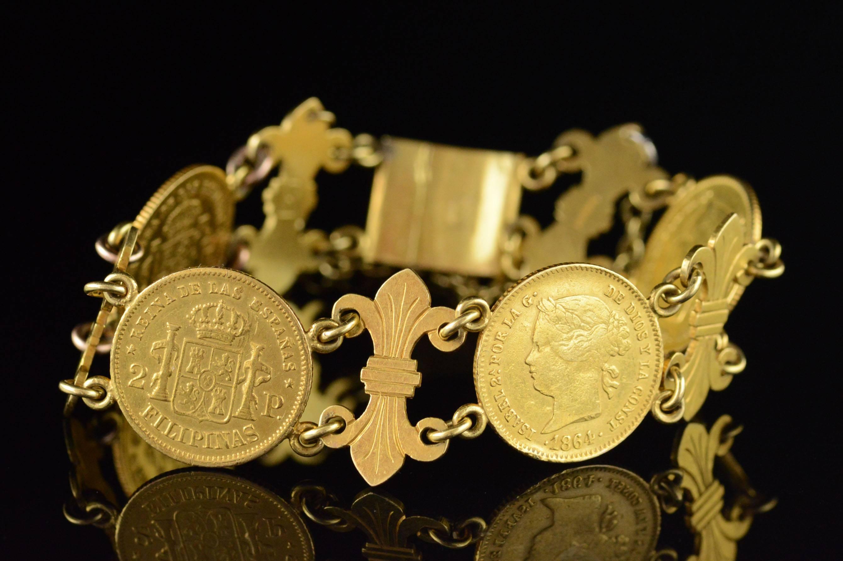 All diamonds are graded according to GIA grading standards. (When applicable)

·Item: 22K 1860's Philippines Spain Coin Fleur De Lis Link Bracelet 6.8