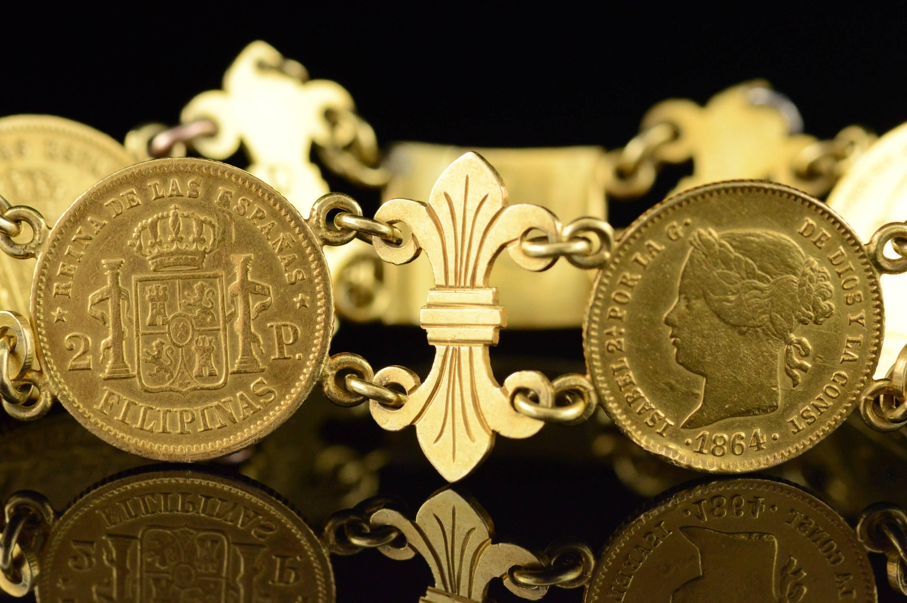 Women's 1860s Spanish Fleur De Lis Link Gold Coin Bracelet