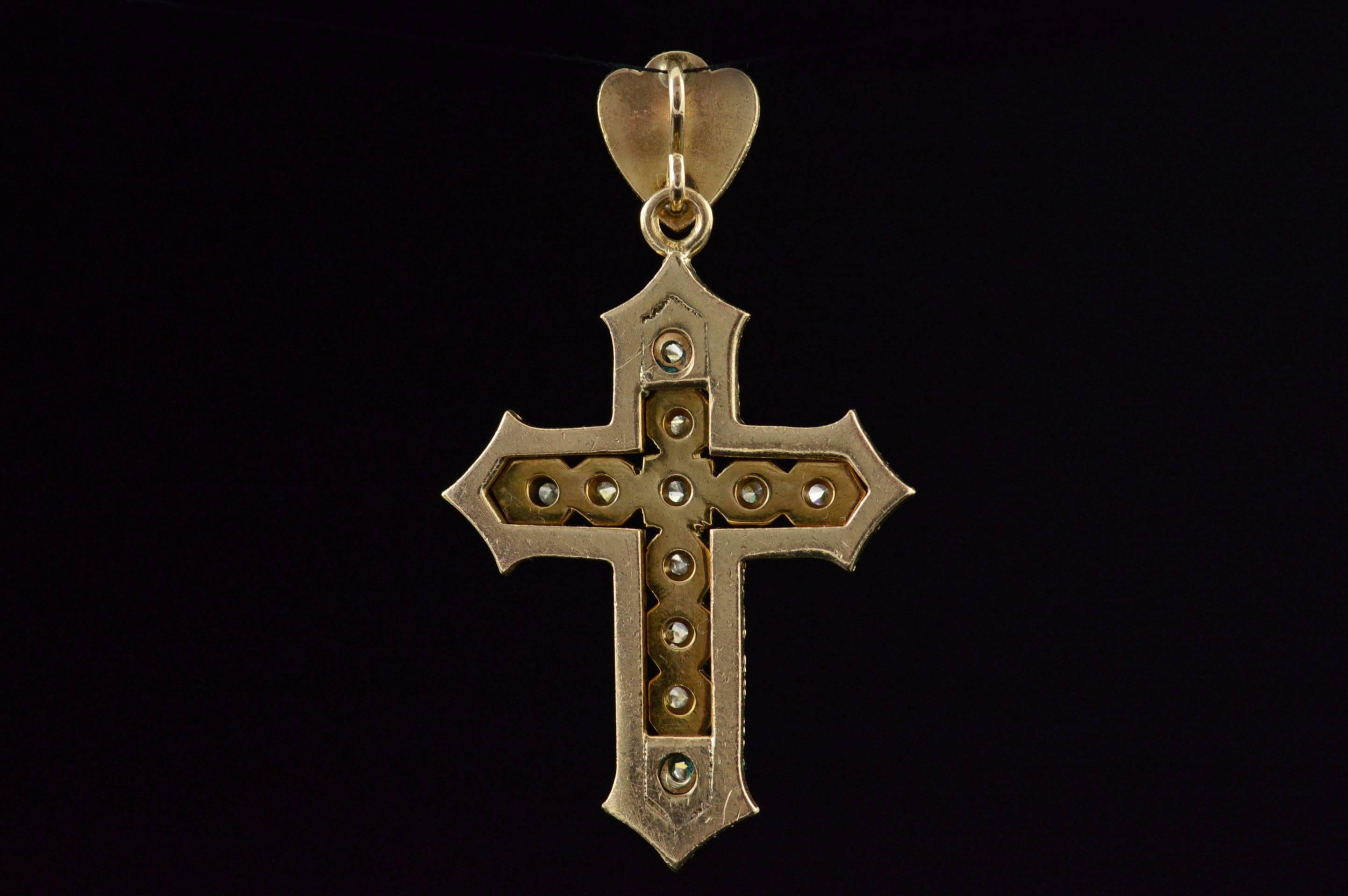 Women's or Men's 1890s Antique Victorian Black Enamel Diamond Gold Cross Pendant