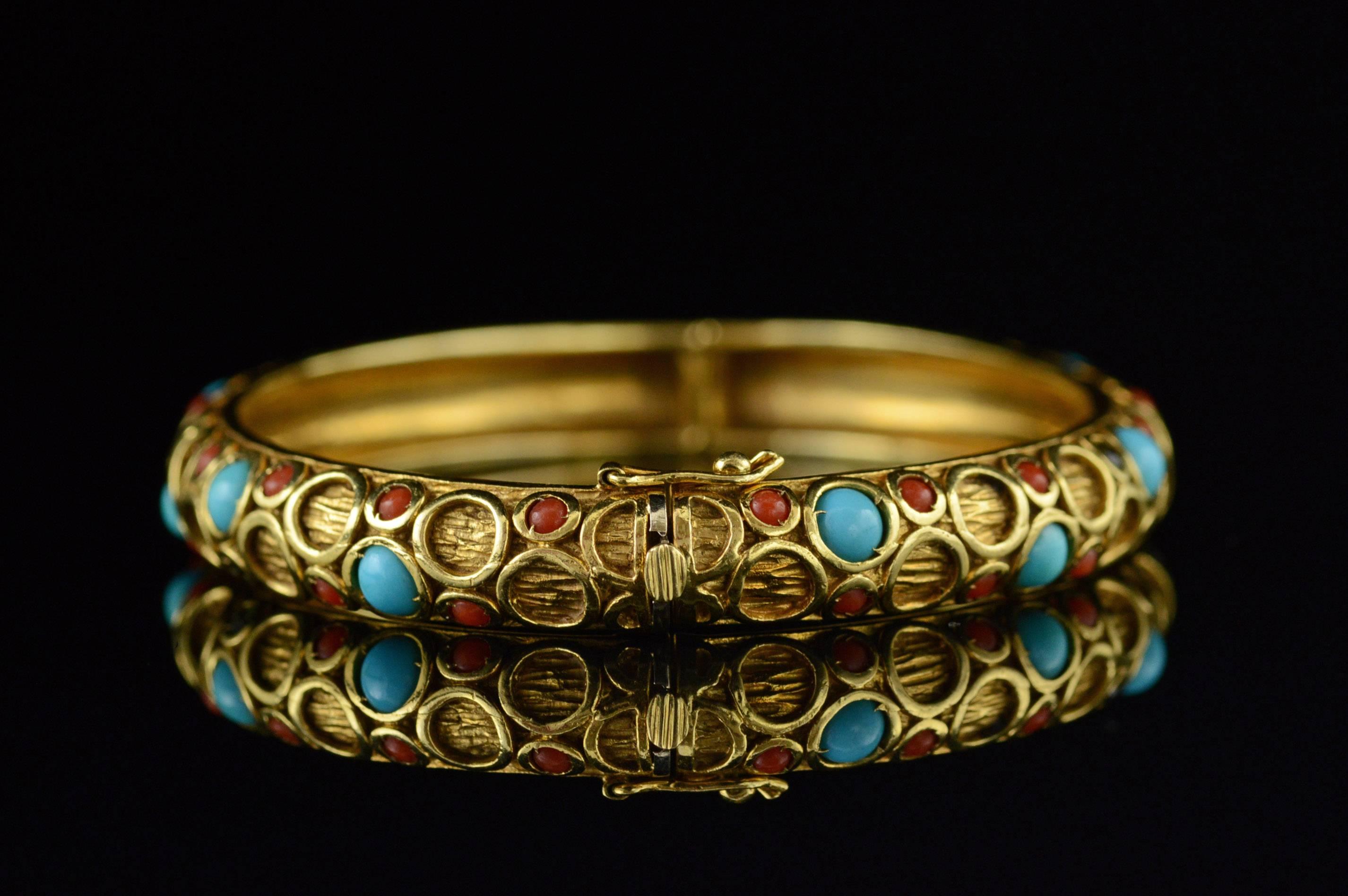 1970s Western Style Turquoise Coral Gold Bangle Bracelet In Good Condition In Frederick, MD