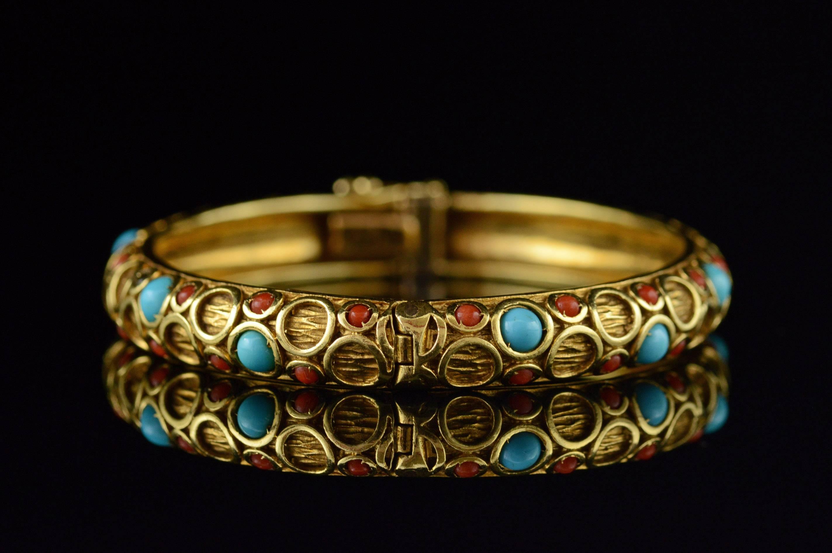 1970s Western Style Turquoise Coral Gold Bangle Bracelet 1