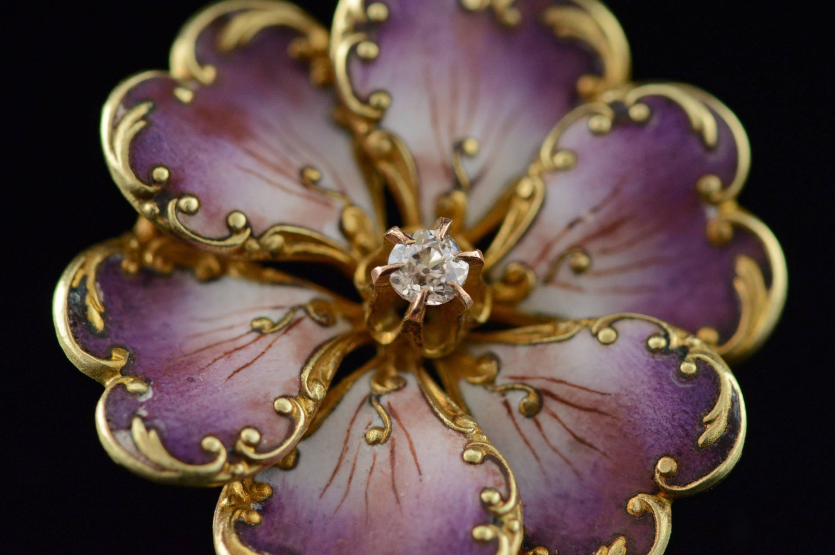 All diamonds are graded according to GIA grading standards. (When applicable)

·Item: 14K French Purple Pink Enameled & Old Mine Cut Diamond Pin/Brooch 22mm Yellow Gold

·Era: Turn of the century / 1900s

·Composition: 14k Gold Acid