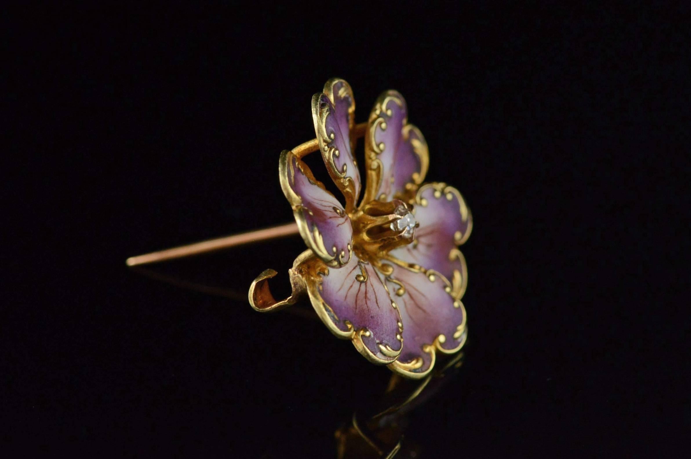 Women's or Men's 1900s Art Nouveau French Art Purple Enamel Diamond Gold Pin