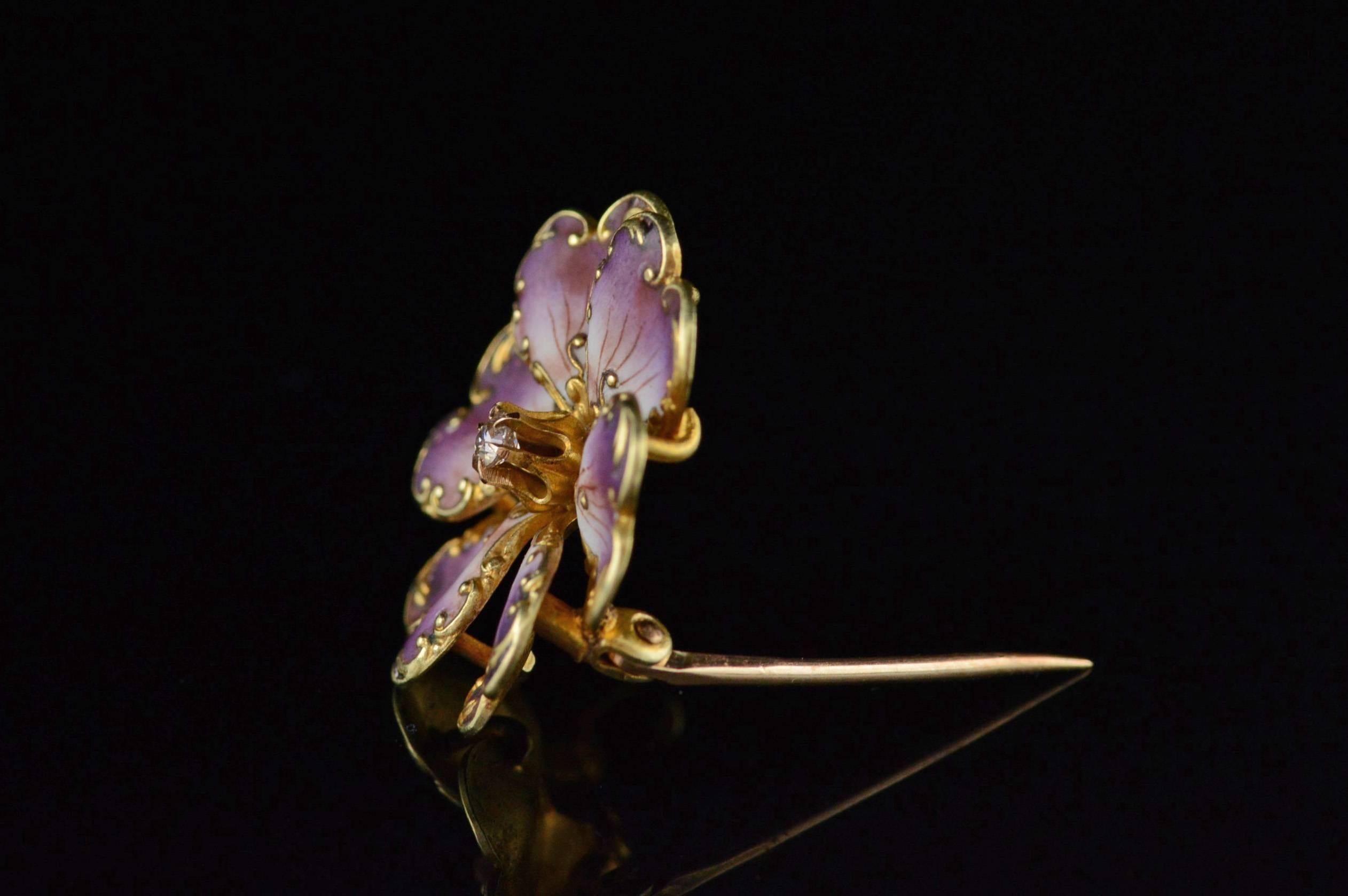1900s Art Nouveau French Art Purple Enamel Diamond Gold Pin In Excellent Condition In Frederick, MD