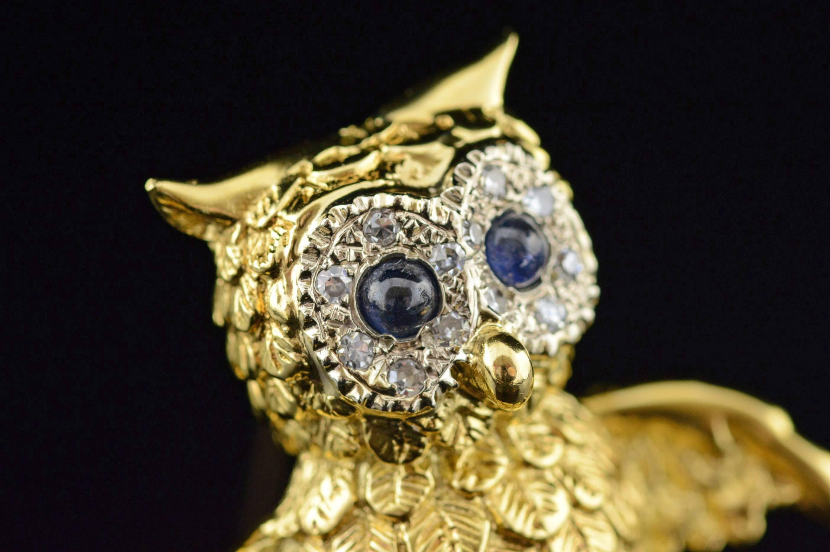 Sapphire Diamond Gold Owl Pin 1