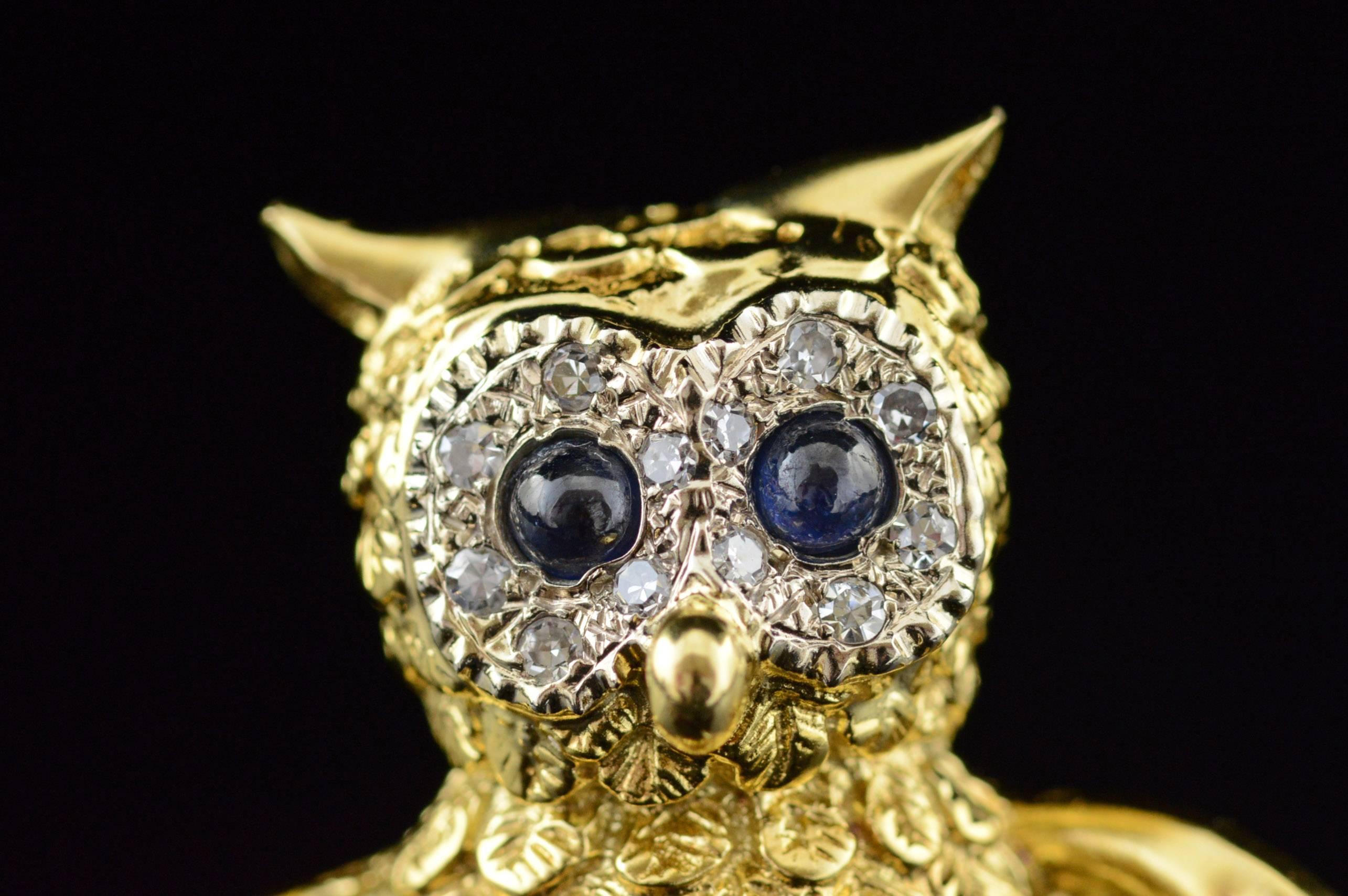 Sapphire Diamond Gold Owl Pin 2