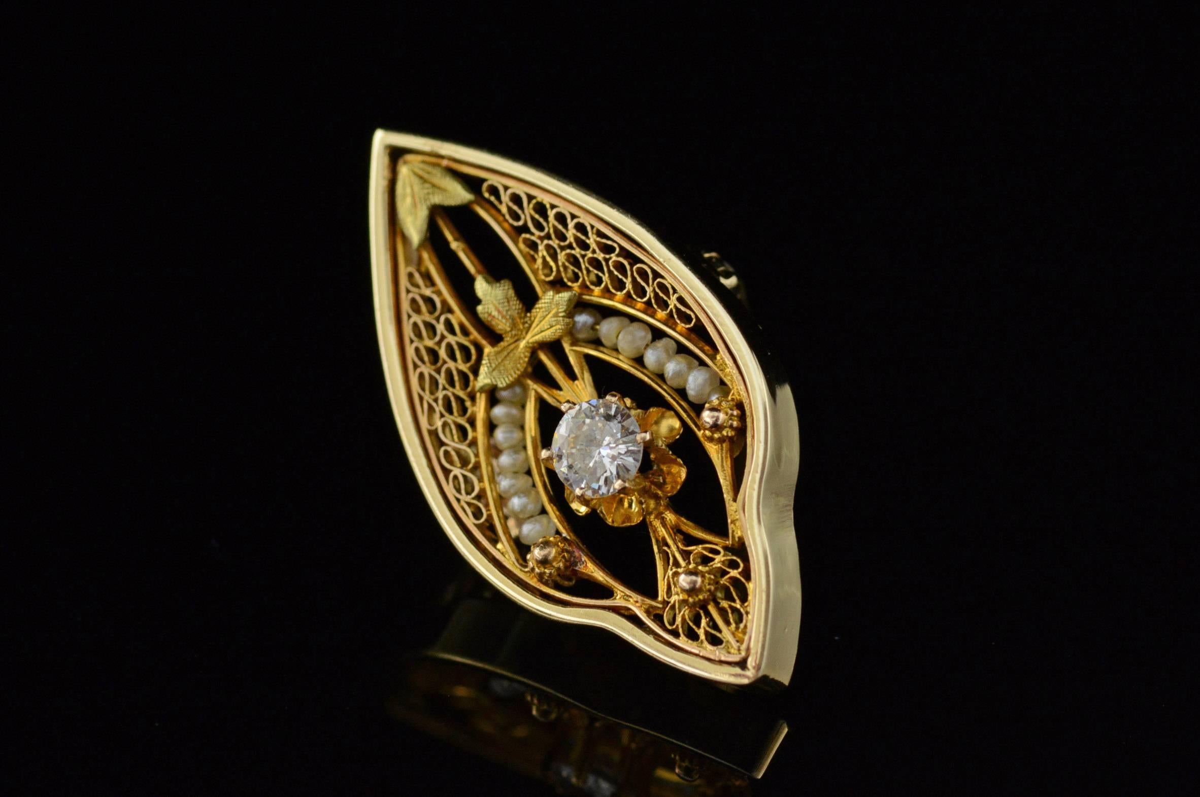 Victorian Seed Pearl Ornate Gold Filigree Pin For Sale 2