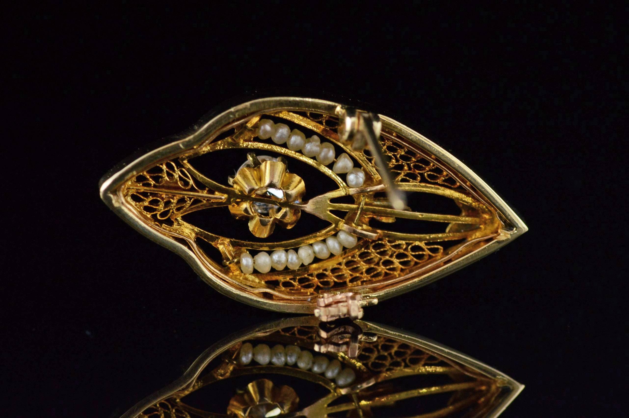 Victorian Seed Pearl Ornate Gold Filigree Pin For Sale 1