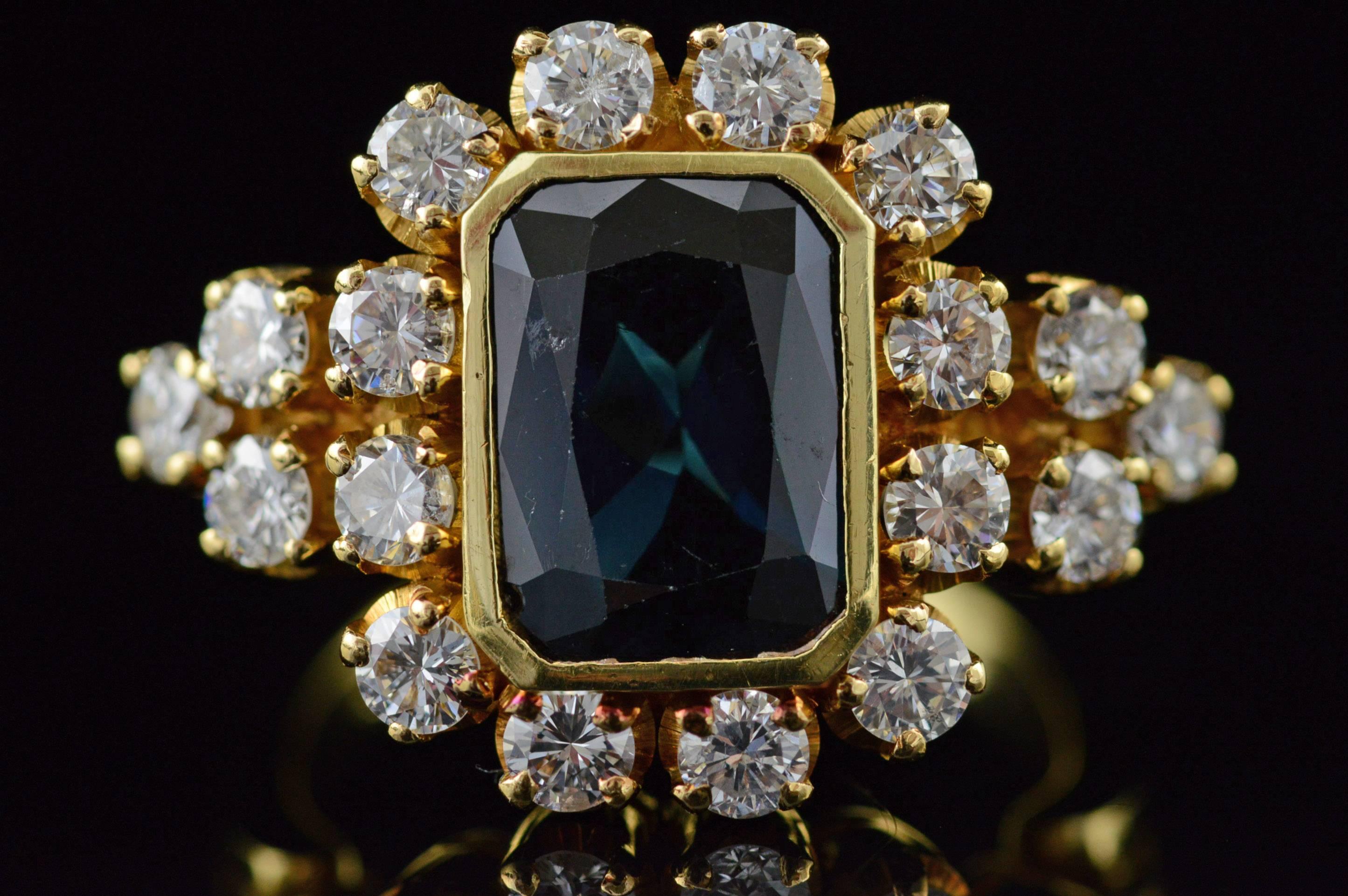 All diamonds are graded according to GIA grading standards. (When applicable)

·Item: 18K 4.00 CW Sapphire 1.80 Ctw Diamond Statement Ring Size 7.5 Yellow Gold

·Era: Vintage / 1950s

·Composition: 18k Gold Marked/Tested

·Center Gem Stone: 4.00 Ct