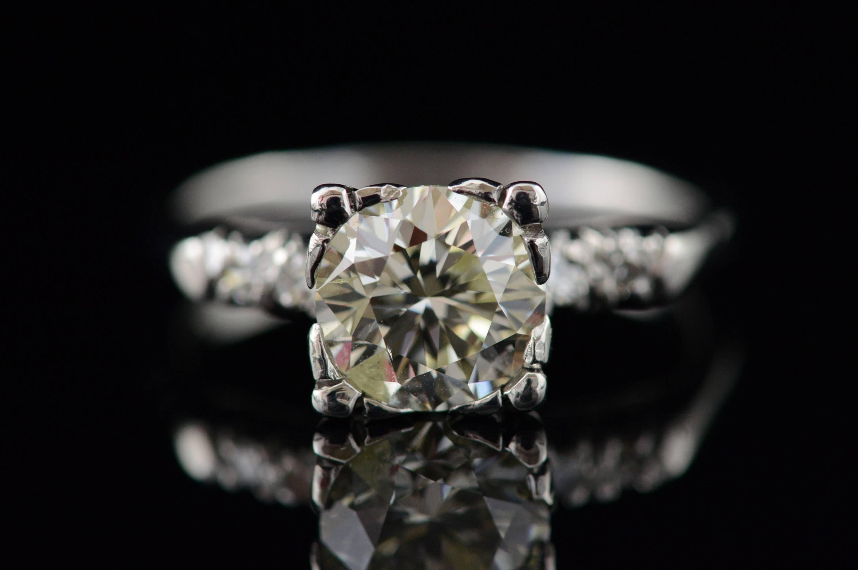 ·Item: 14K 1.58 Ct EGL USA Diamond Engagement Ring Size 6.75 White Gold

·Era: Vintage / 1940s

·Composition: 14k Gold Acid Tested

·Gem Stone: 1.58Ct EGL USA Certified Diamond O-P/I1, 4x Diamonds=0.07Ctw G/VS

·Weight: 4.8g