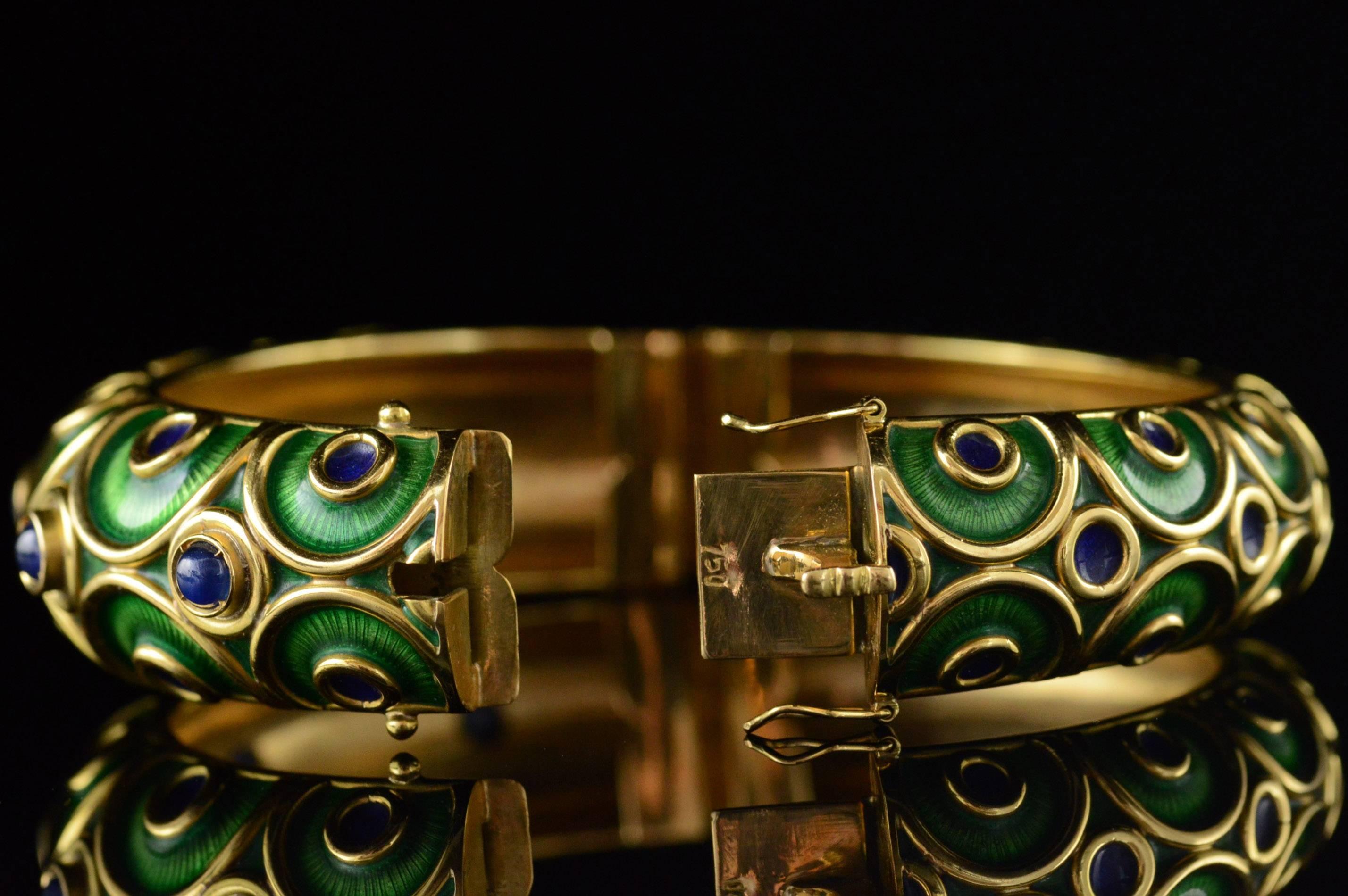 Green Enamel & Sapphire Gold Bangle Bracelet For Sale 5