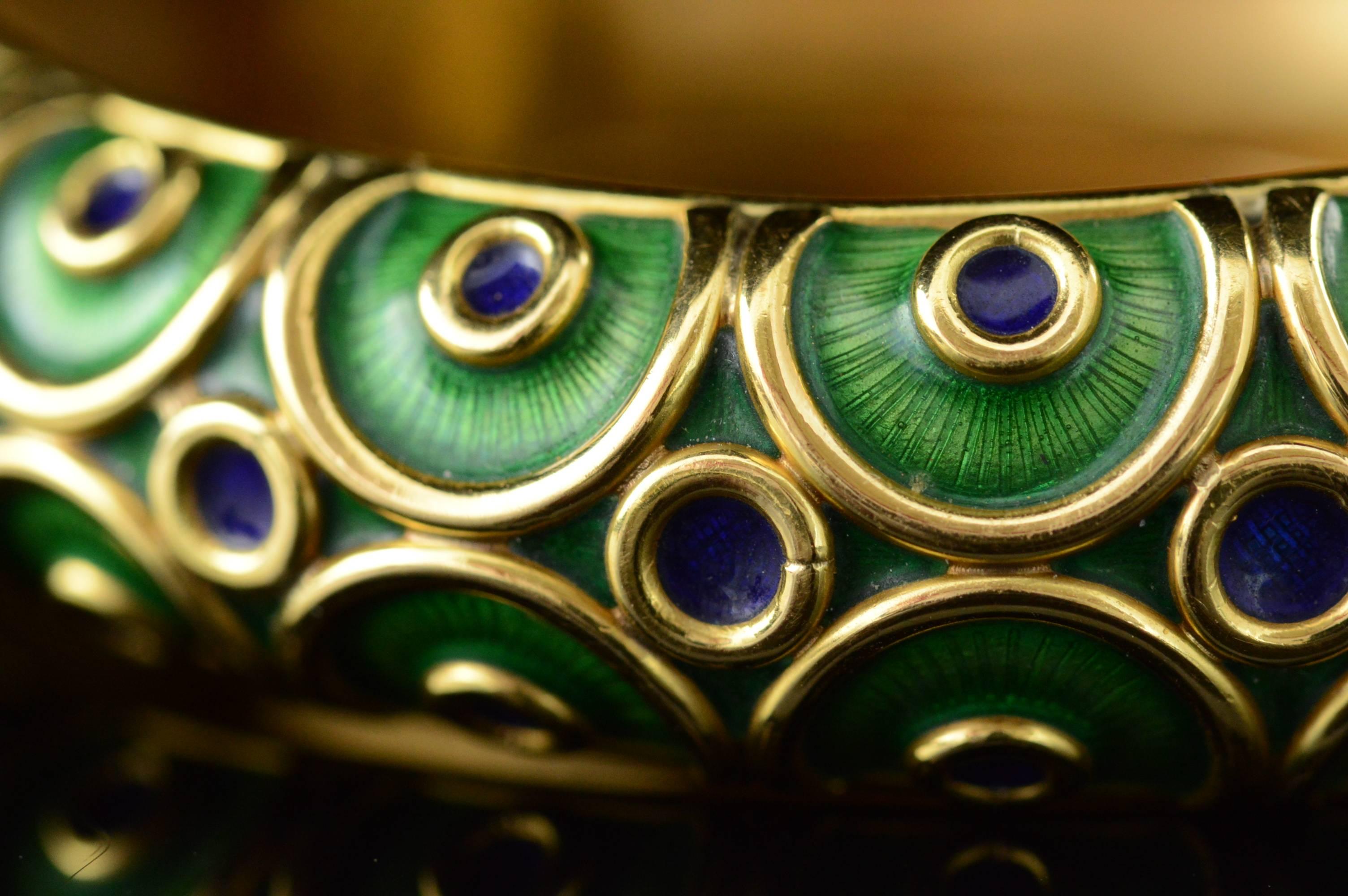 Women's Green Enamel & Sapphire Gold Bangle Bracelet For Sale