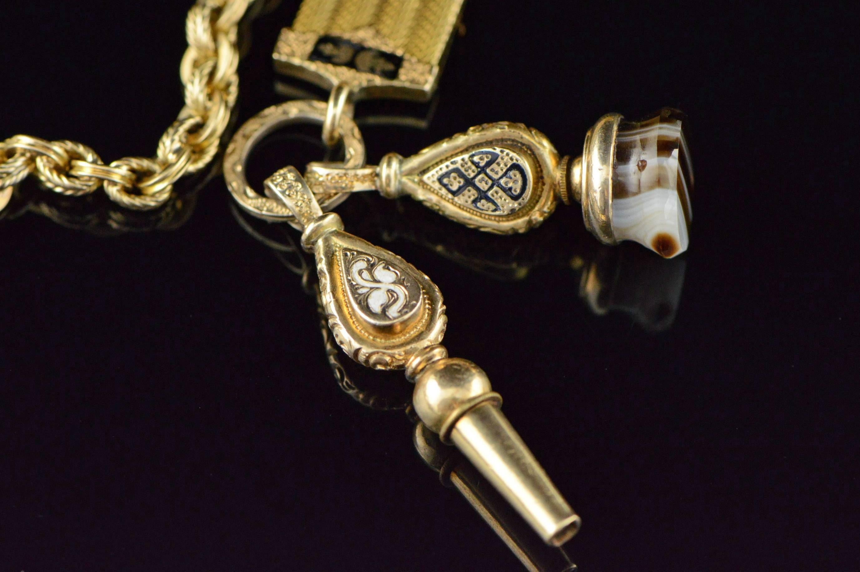 Victorian Mourning Era Gold Watch Pin Fob and Chain 1890s 1