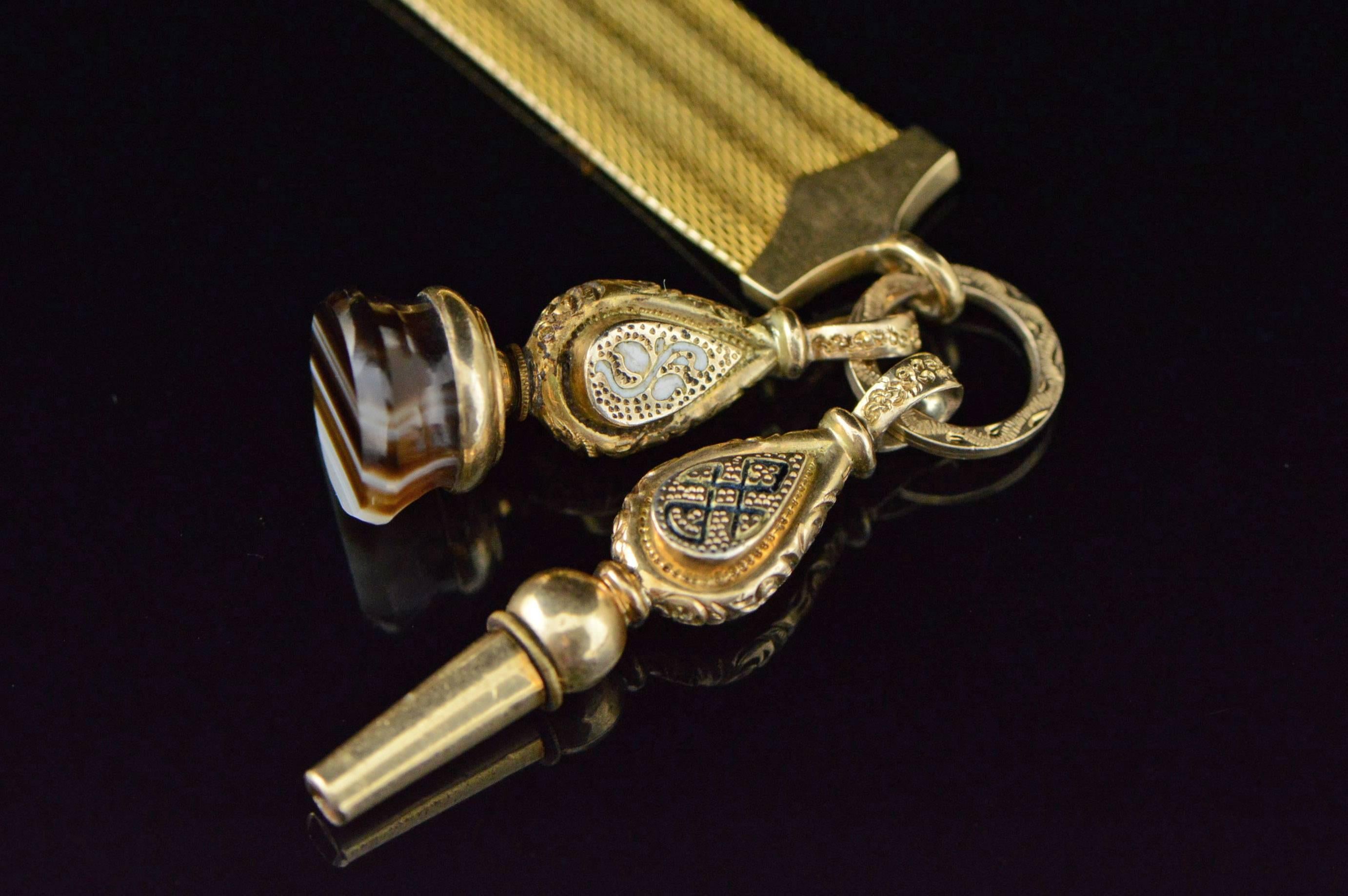 Women's or Men's Victorian Mourning Era Gold Watch Pin Fob and Chain 1890s