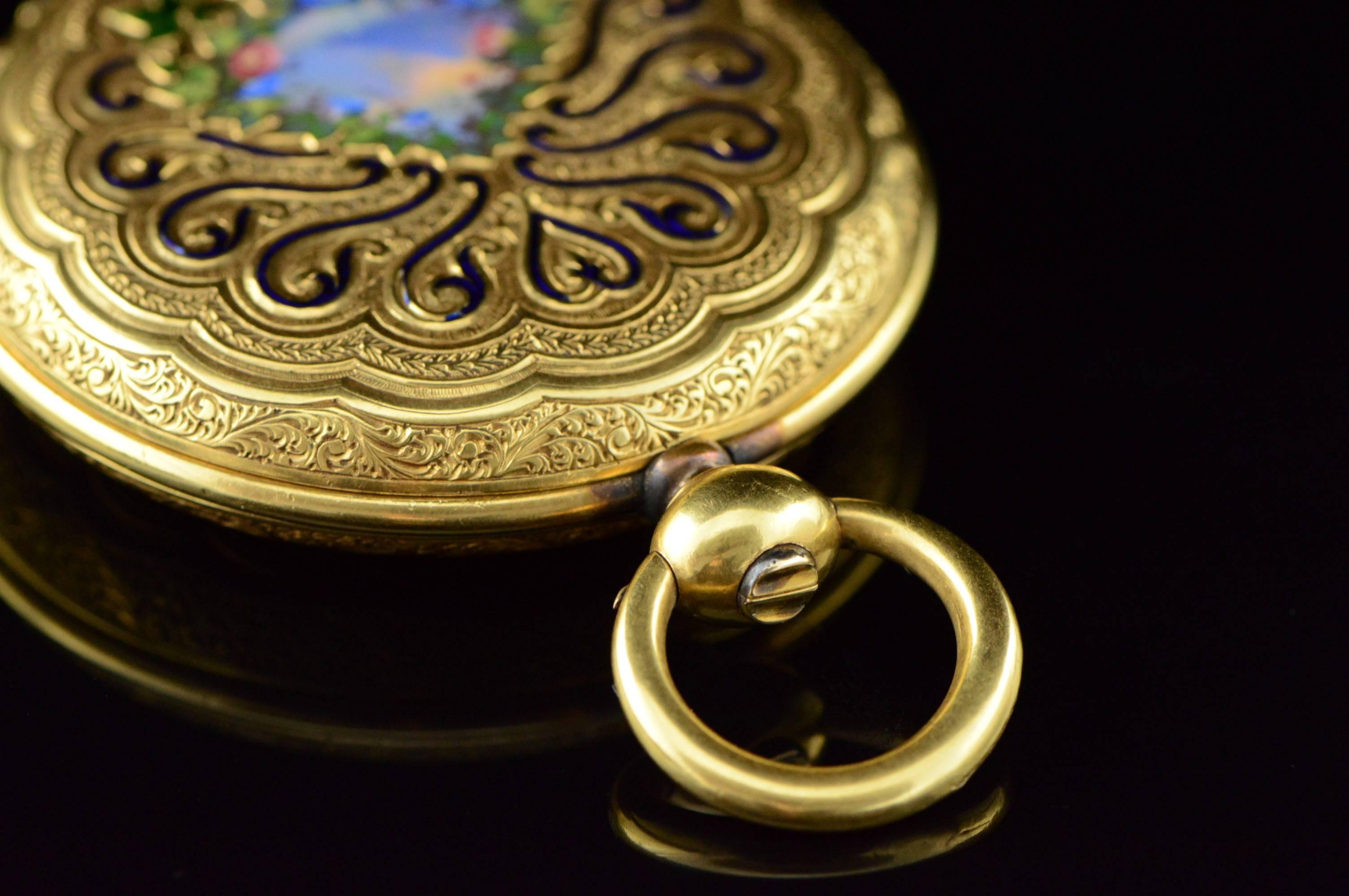 High Victorian Breitling Laederick Gold Enamel Victorian Pocket Watch 1850s