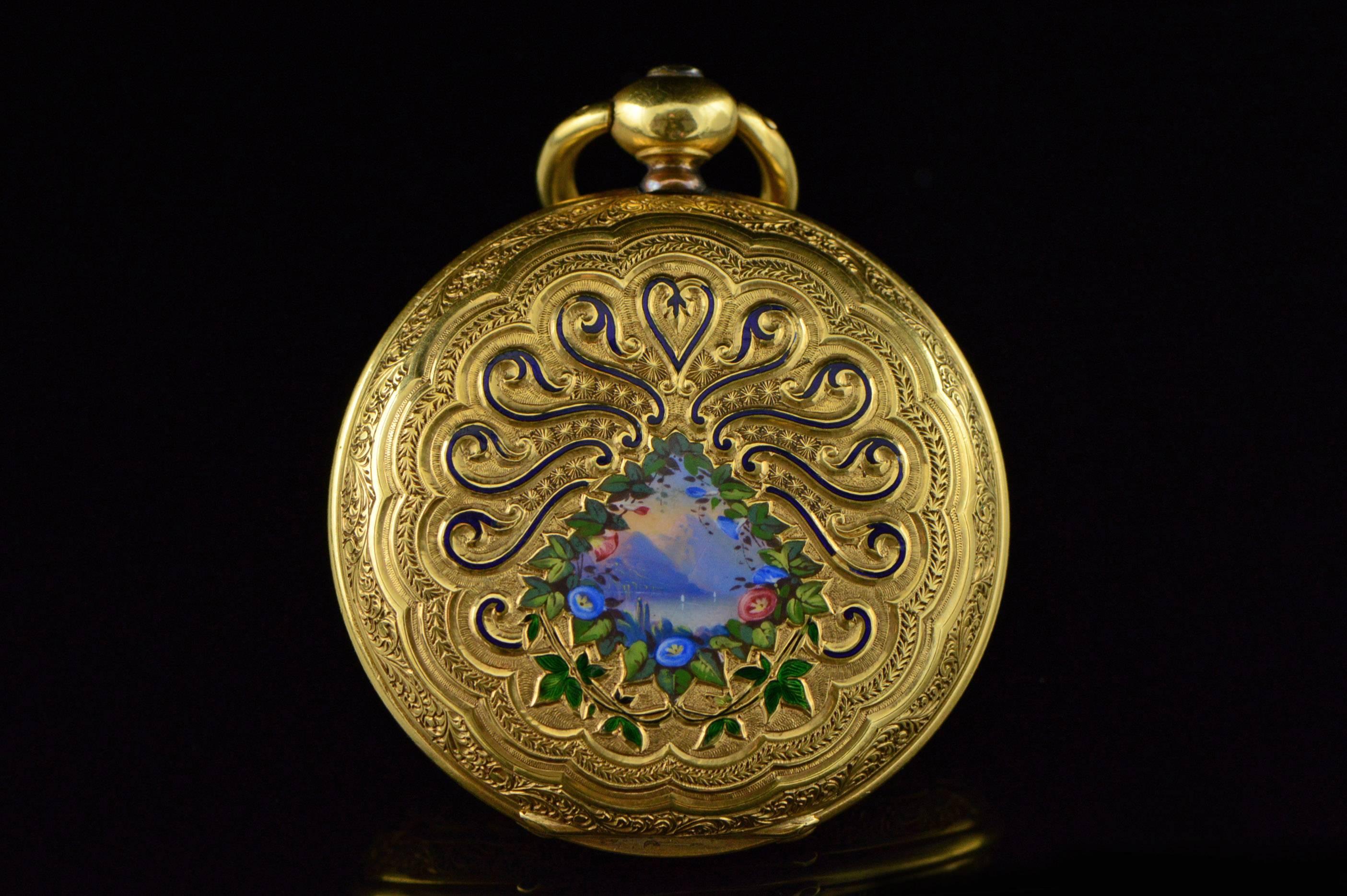 ·Item: Breitling Laederick Beautiful 1850s Enamel Pocket Watch

·Era: Victorian / 1850s

·Composition: 18k Gold Marked / Tested

·Condition: Watch features beautiful enamel front and back case. Breitling Laederick Chaux-De-Fonds, Lever escapement.