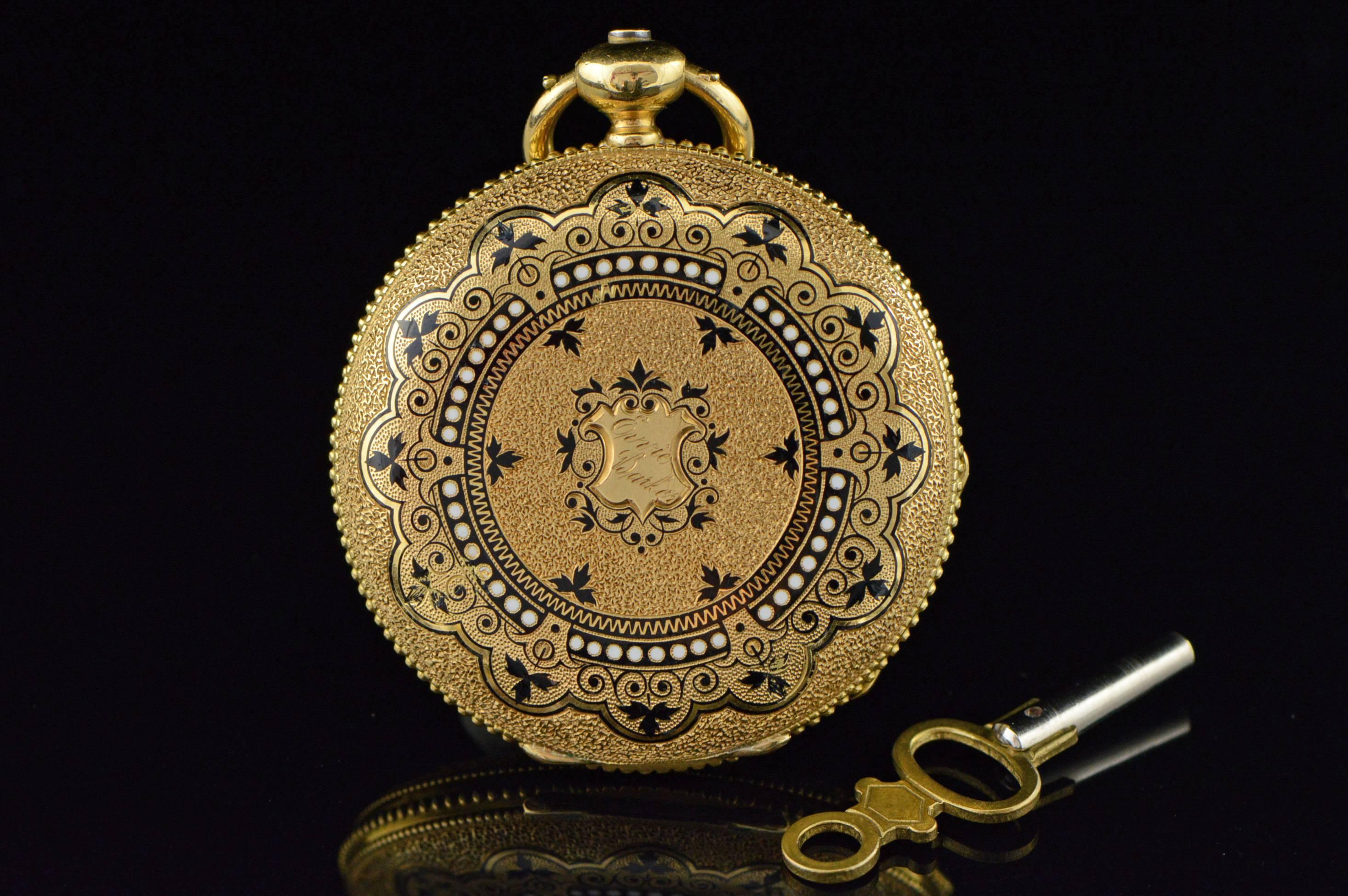 ·Item: Ernest Francillon of Longines 1800s Key Wind Beautiful Enamel Pocket Watch

·Era: Victorian / 1850s

·Composition: 18k Gold Marked / Tested

·Condition:  Watch is not running. This watch is an early watch by the founder of Longines. It