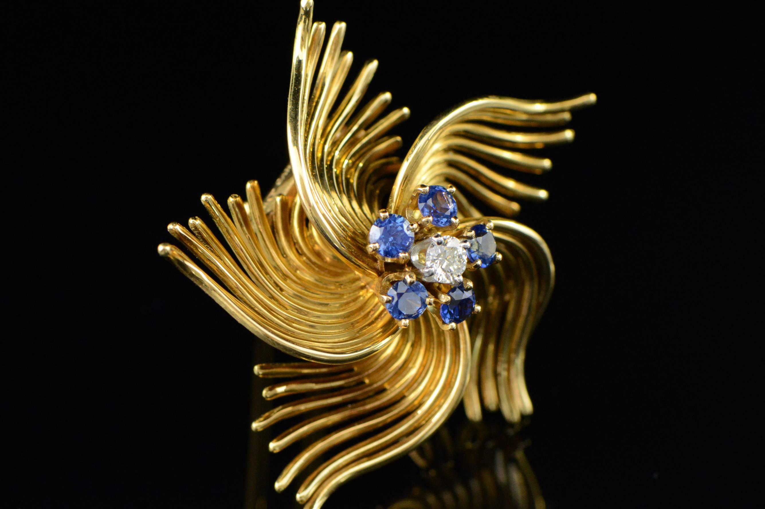 Women's or Men's Cartier Sapphire and Diamond Retro Gold Brooch