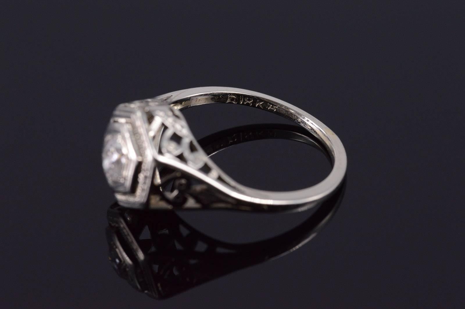 Classic Art Deco Diamond White Gold Engagement Ring In Good Condition In Frederick, MD