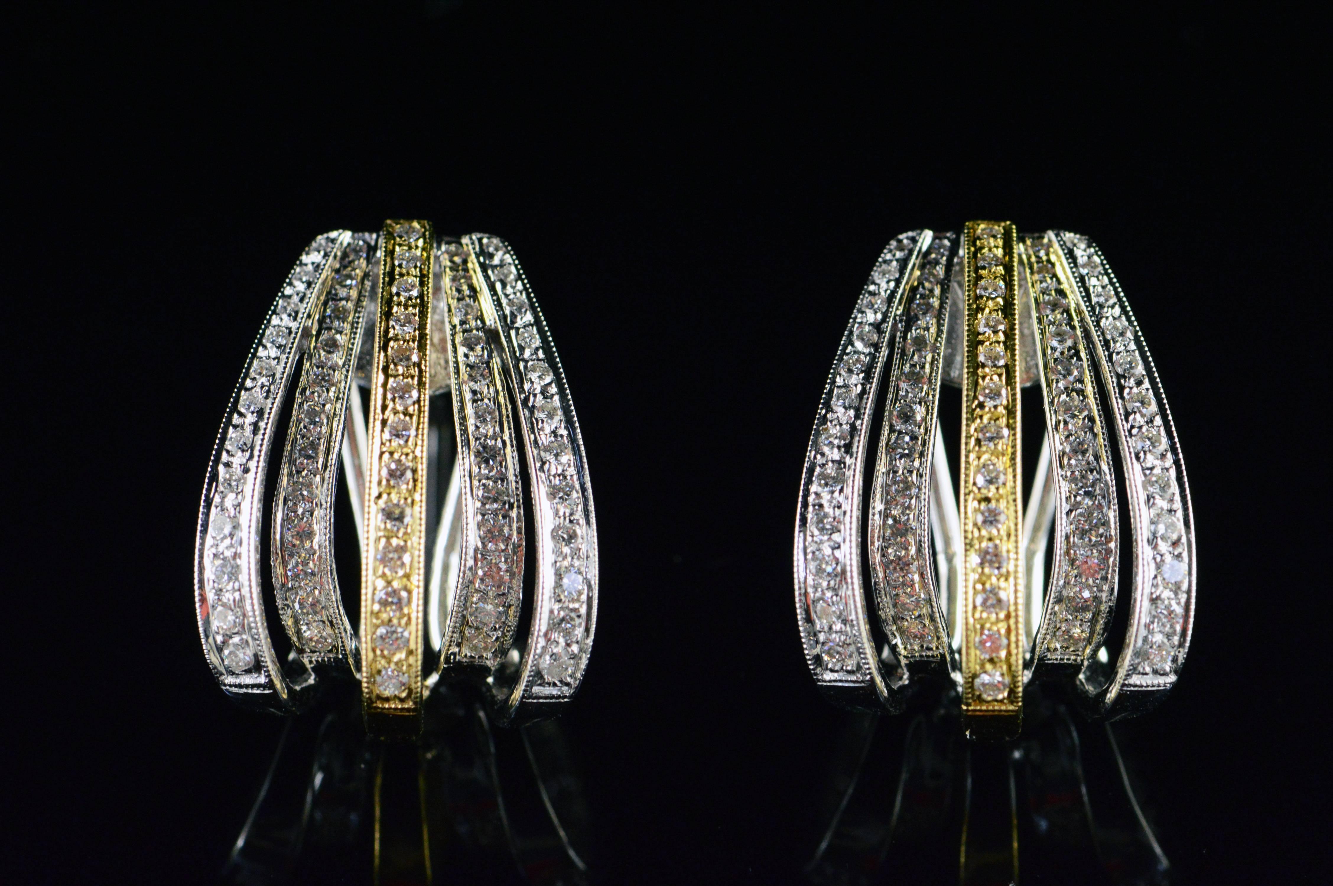 All diamonds are graded according to GIA grading standards.

·Item: 18K 1.00 CTW Diamond Scallop French Clip Earrings White/Yellow Gold

·Era/Date: Modern / 2000s

·Composition: 18k Gold Marked / Tested

·Gem Stone: 118x Diamonds=1.00ctw
