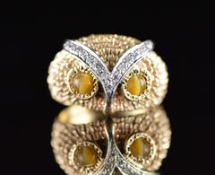 Tiger's Eye Diamond Gold Owl Ring