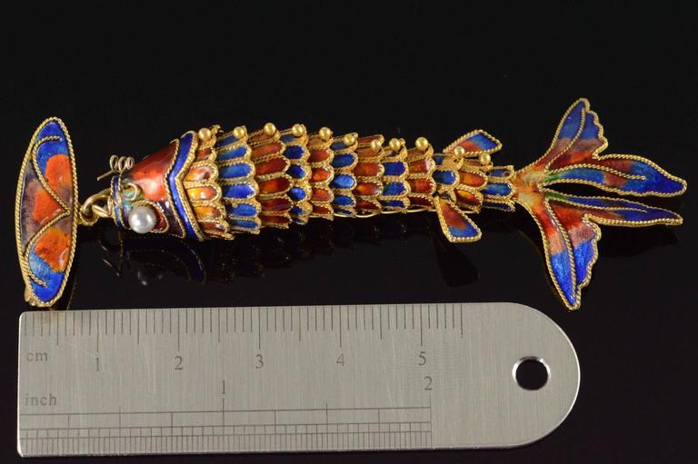 Victorian Era Chinese Red and Blue Enamel Gold Articulated Fish Pin at