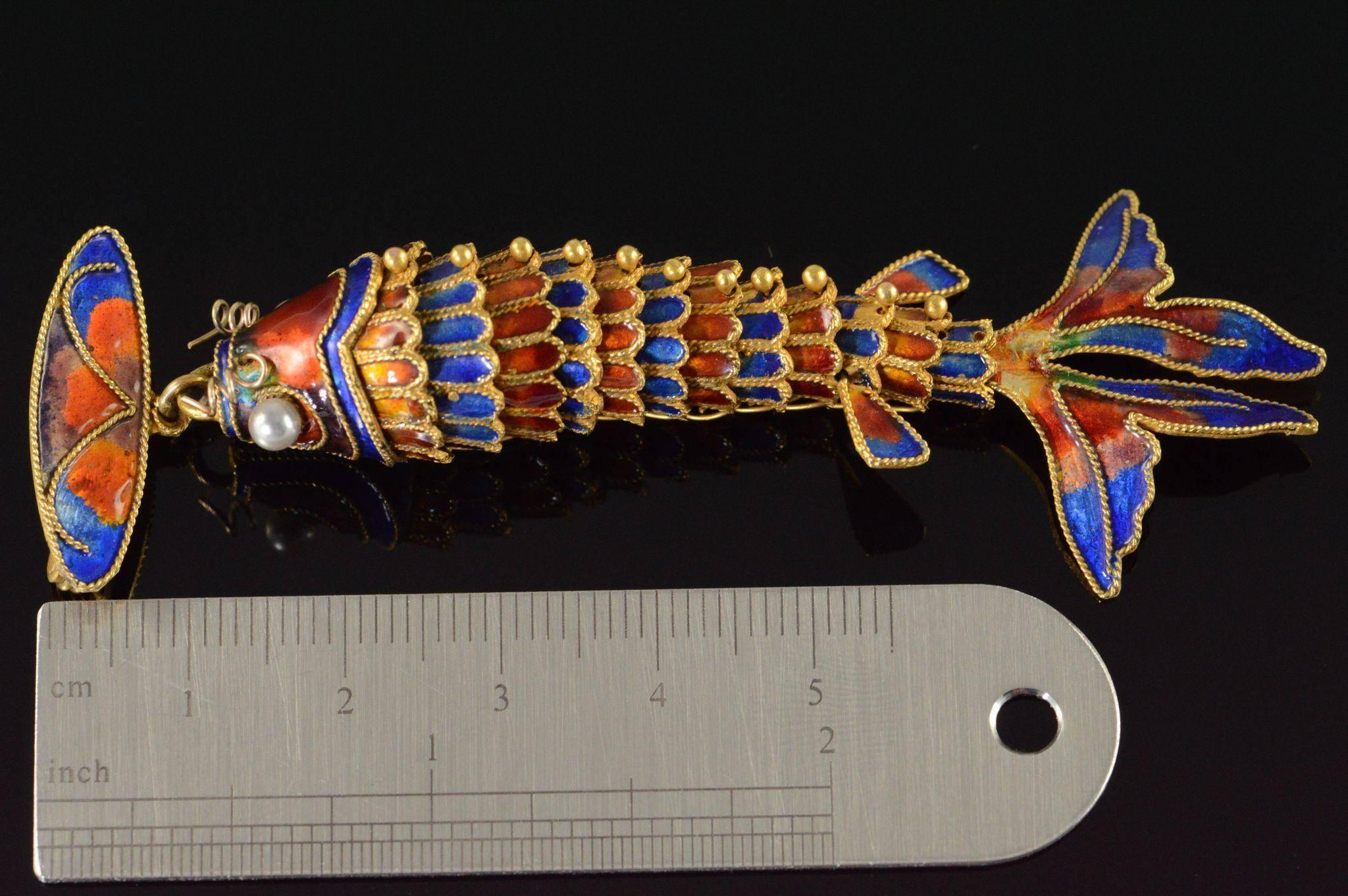 Victorian Era Chinese Red and Blue Enamel Gold Articulated Fish Pin 5