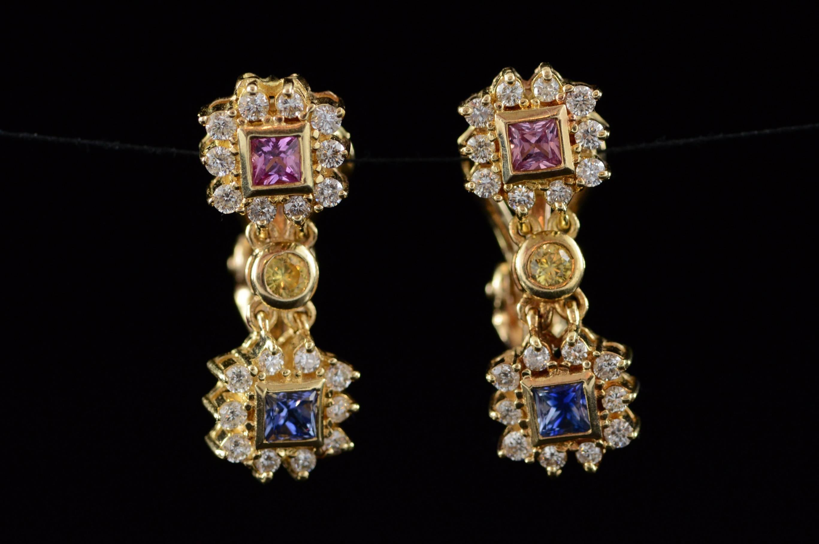All diamonds are graded according to GIA grading standards.

·Item: 14K 1.29 Ctw Diamond Sapphire French Clip Earrings Yellow Gold

·Era: Modern / 1990s

·Composition: 14k Gold Marked / Tested

·Gem Stone: 6x Multi Colored Sapphires=