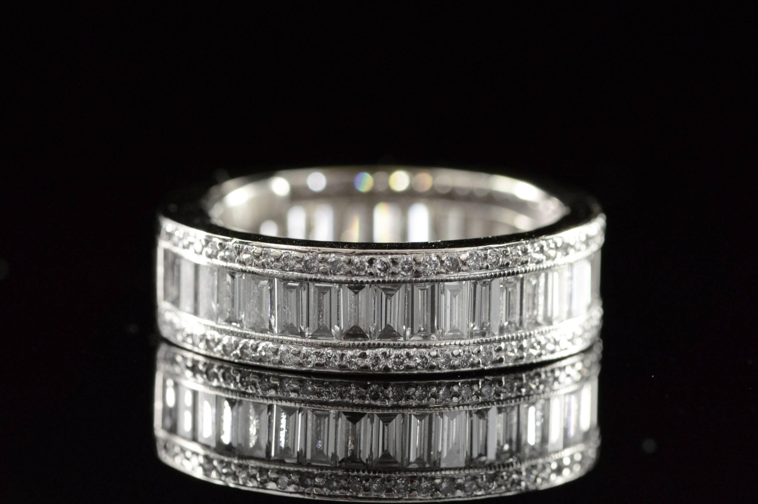 All diamonds are graded according to GIA grading standards.

·Item: 18K 3.12 Ctw Baguette & Round G-H/VS Wedding Band Ring Size 9 White Gold

·Era: Modern / 2000s

·Composition: 18k Gold Marked/Tested

·Gem Stone: 129x Diamonds=3.12Ctw